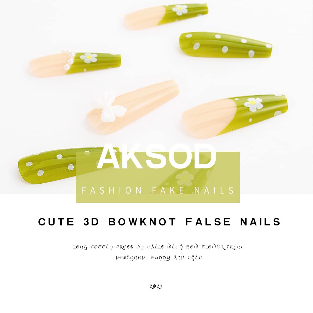 Glossy Green Press on Nails Long Coffin Shape with Cute Flower & Bowknot Design - 24Pcs Full Cover False Nails Set for Women & Girls | French Ballerina Style (B) | Perfect for Parties, Weddings & Special Occasions