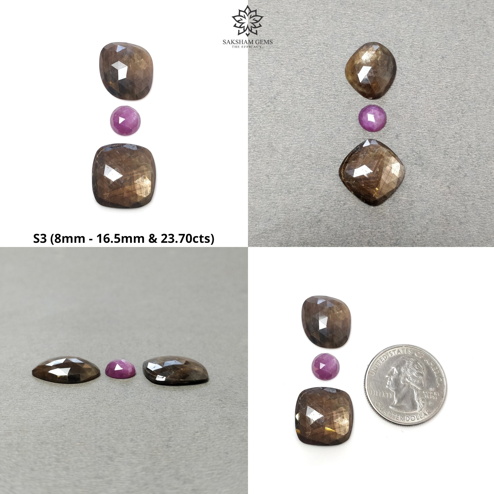 Natural Untreated Golden Brown Chocolate & Pink Sapphire Gemstone Rose Cut - Round Cushion & Unique Shape 3pc Set for Jewelry Making, Engagement Rings & DIY Crafts
