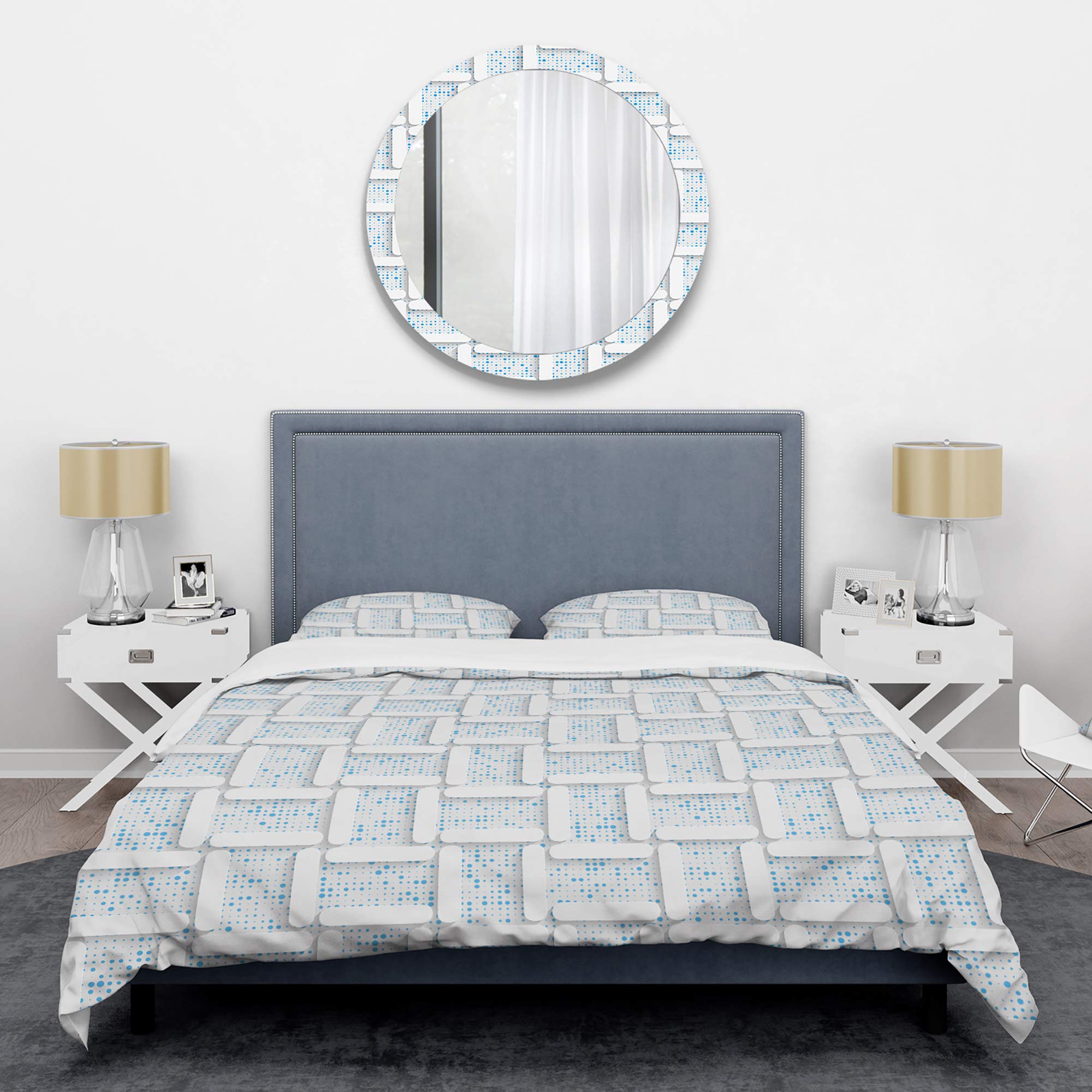 DesignQ 3D White and Light Blue Mid-Century Modern Duvet Cover Set - Queen Size 3-Piece Bedding Set | All Season Luxury Bedding for Master Bedroom & Guest Room Decor