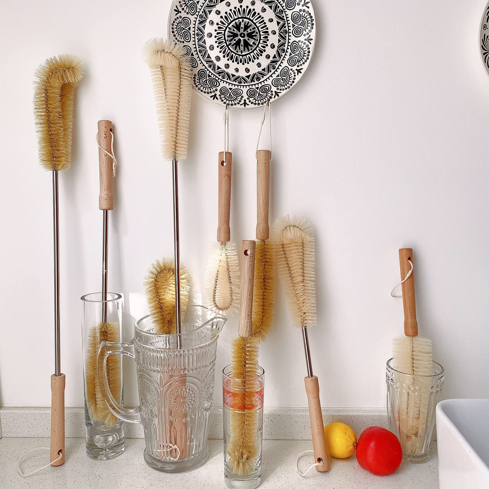 2 Pack 15 Inch Nylon Cleaning Brushes with Beech Wood Handle & Bendable Head - Long Handle Scrub Brush for Tall Bottles, Gallon Jugs, Baby Bottles, Pots, Mugs - Perfect for Kitchen, Home & Outdoor Cleaning
