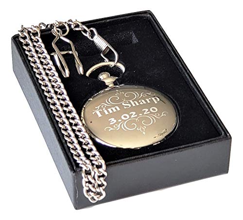 4-Piece Custom Engraved Pocket Watch Set - Black Wedding Gift with Free Engraving, Gift Box & Chains - Perfect for Anniversaries, Graduations & Special Occasions