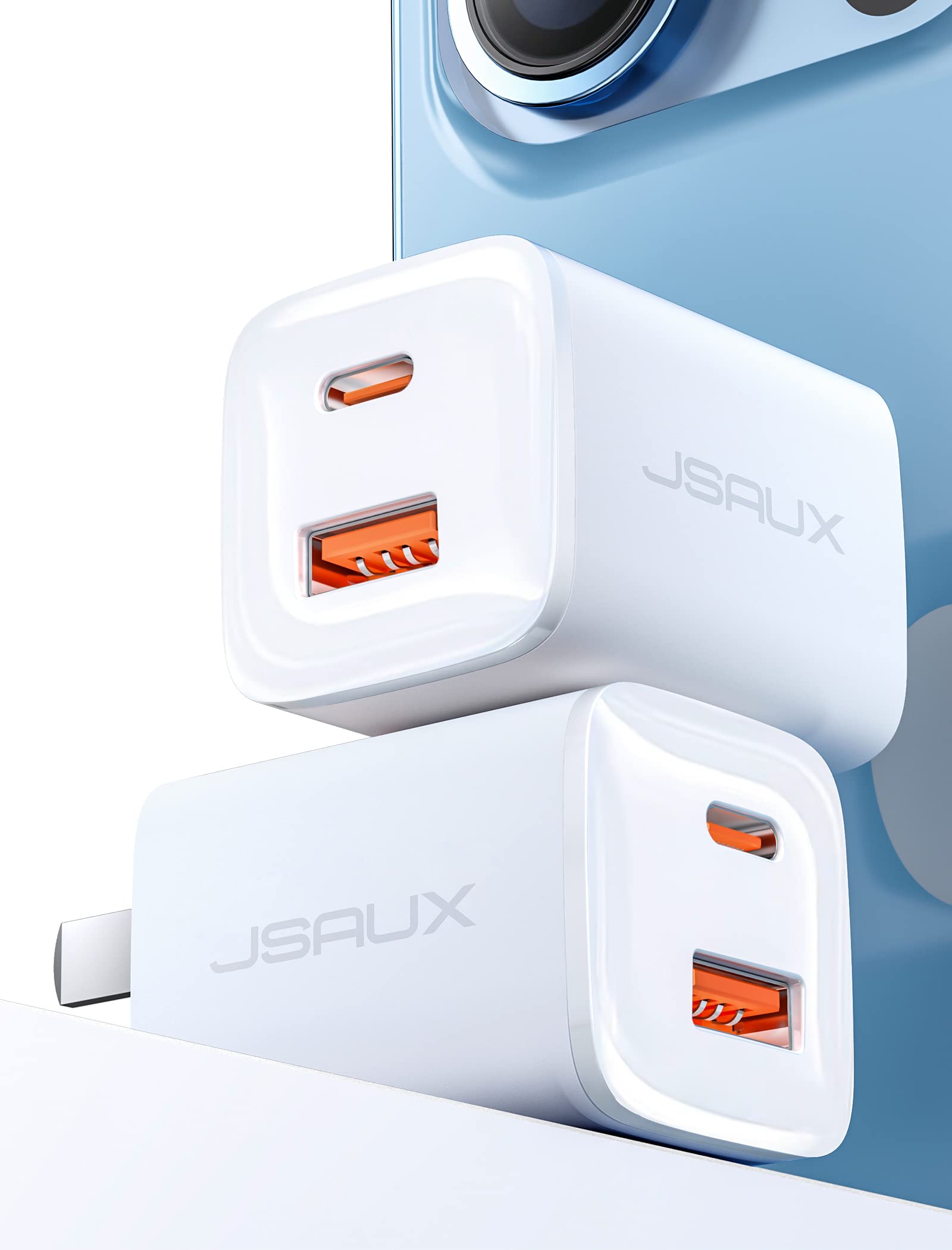 JSAUX 2-Pack 20W USB C Wall Charger with Dual Port Fast Charging - Compact Foldable Plug Adapter for iPhone 16/15/14/13/12 Pro Max, Apple Watch, iPad Pro & Samsung Galaxy - Perfect for Travel, Home & Office Use
