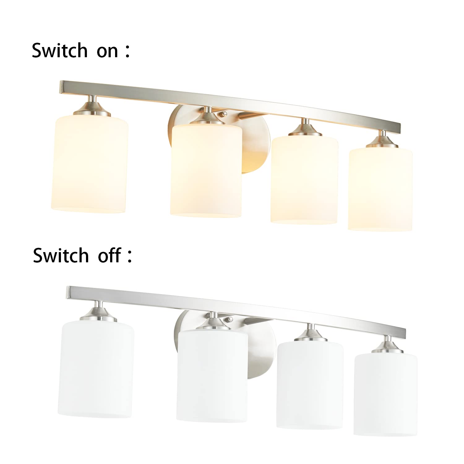 4-Light Brushed Nickel Vanity Fixture with White Glass Shades - UL Listed Bathroom Lighting for Mirror & Makeup Area