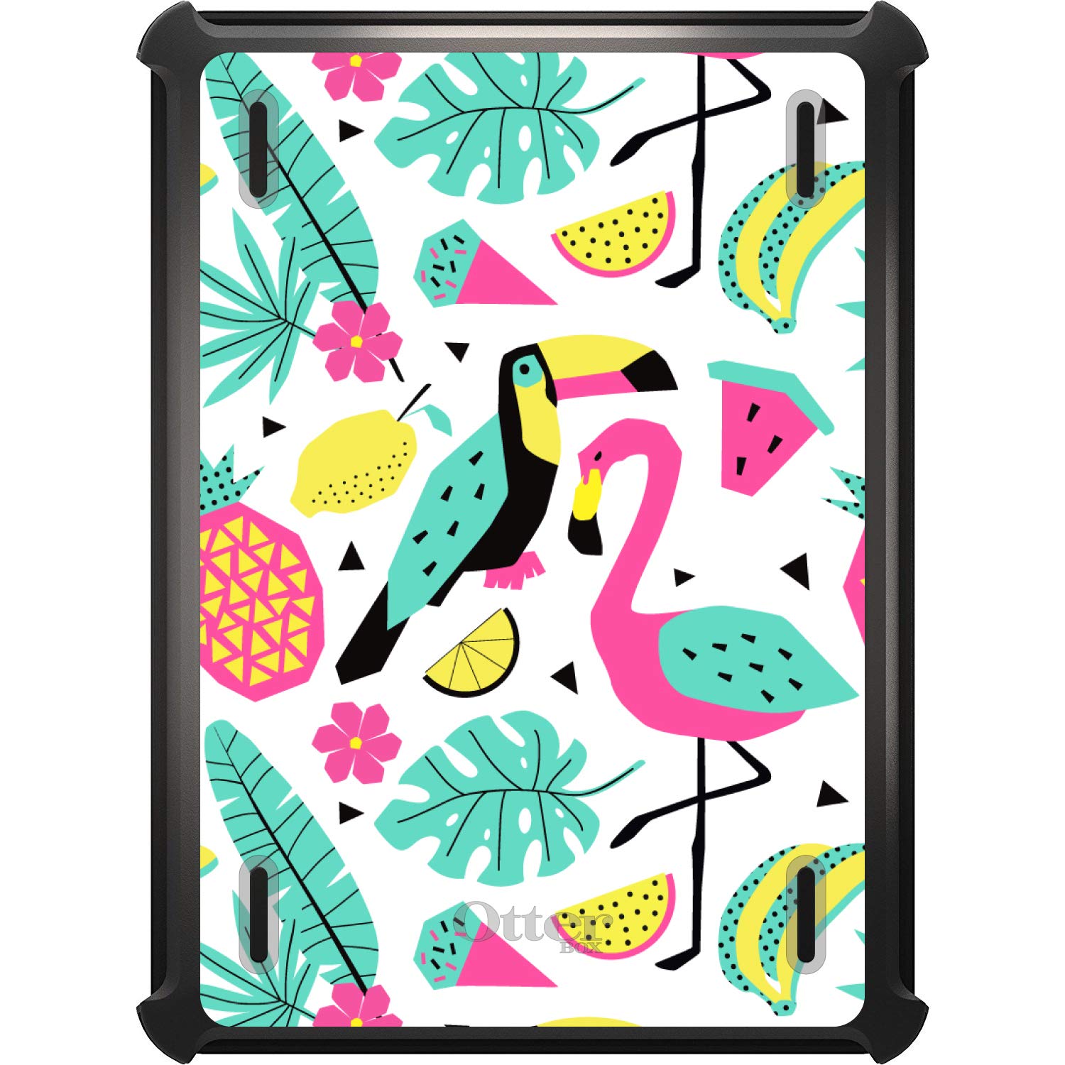 DistinctInk Protective Case for iPad Mini 5 (5th Generation 2019) - Black Custom Replacement Cover with Stand | Compatible with OtterBox Defender | Summer Tropical Design Featuring Flamingo, Toucan & Pineapple | Perfect for Travel, Work & Outdoor Use