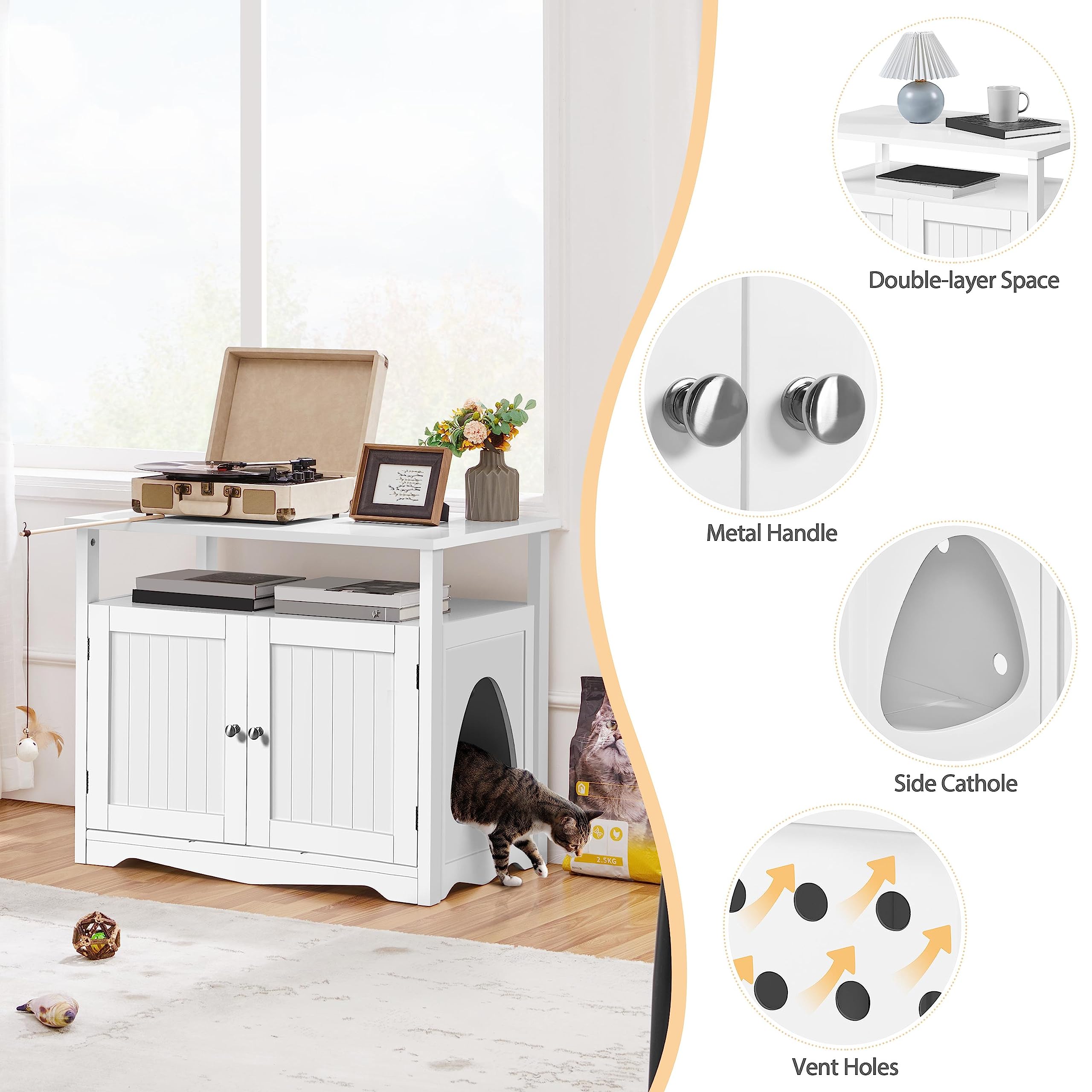 Yaheetech Wooden Cat Litter Box Enclosure Furniture - Hidden Litter Box with Removable Divider, Indoor Cat House with Storage Shelf, Pet Side Table Cabinet - Perfect for Small Spaces & Home Decor