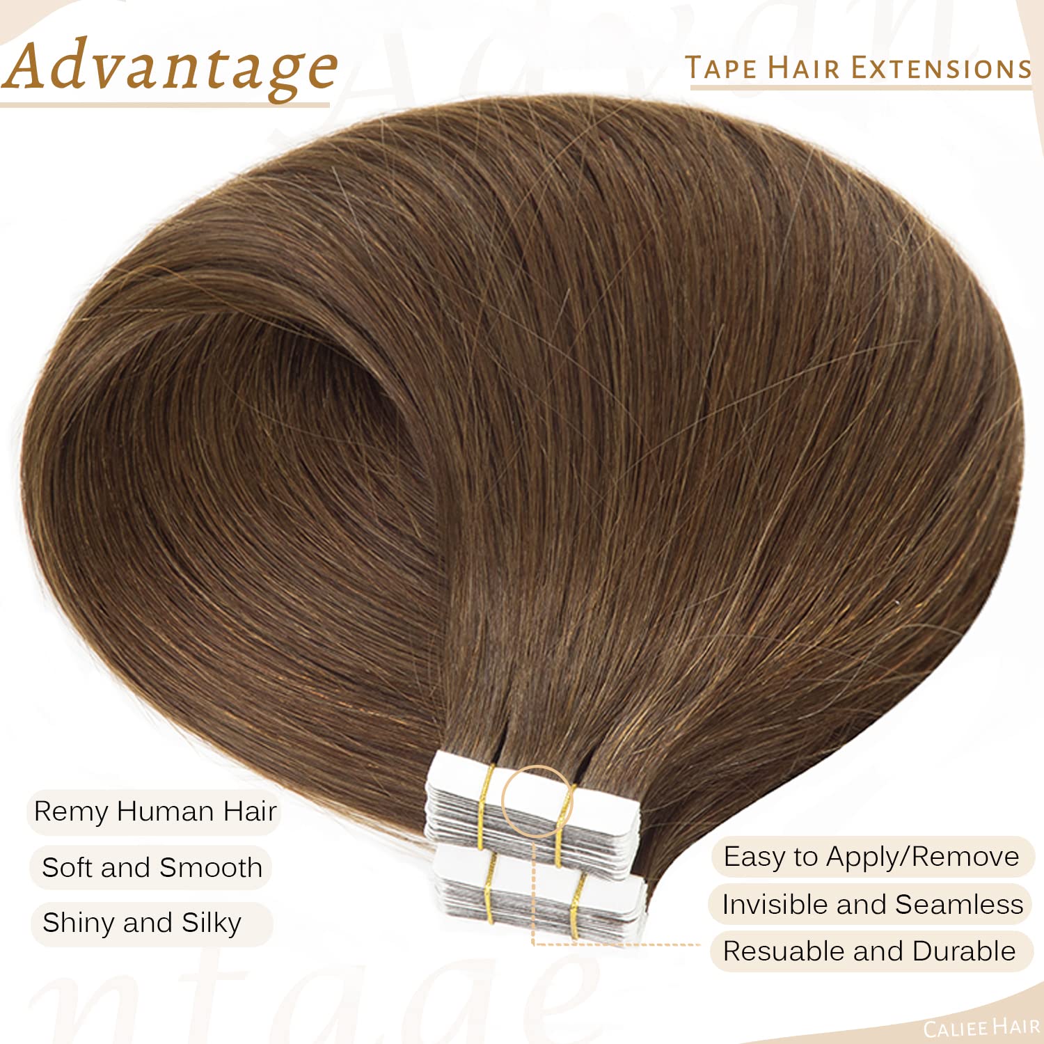 Caliee 14 Inch Tape in Hair Extensions - 100% Human Remy Hair, Medium Brown Straight Seamless Weft (50g) | Natural-Looking Hair Extensions for Volume & Length | Perfect for Daily Wear, Parties & Special Occasions