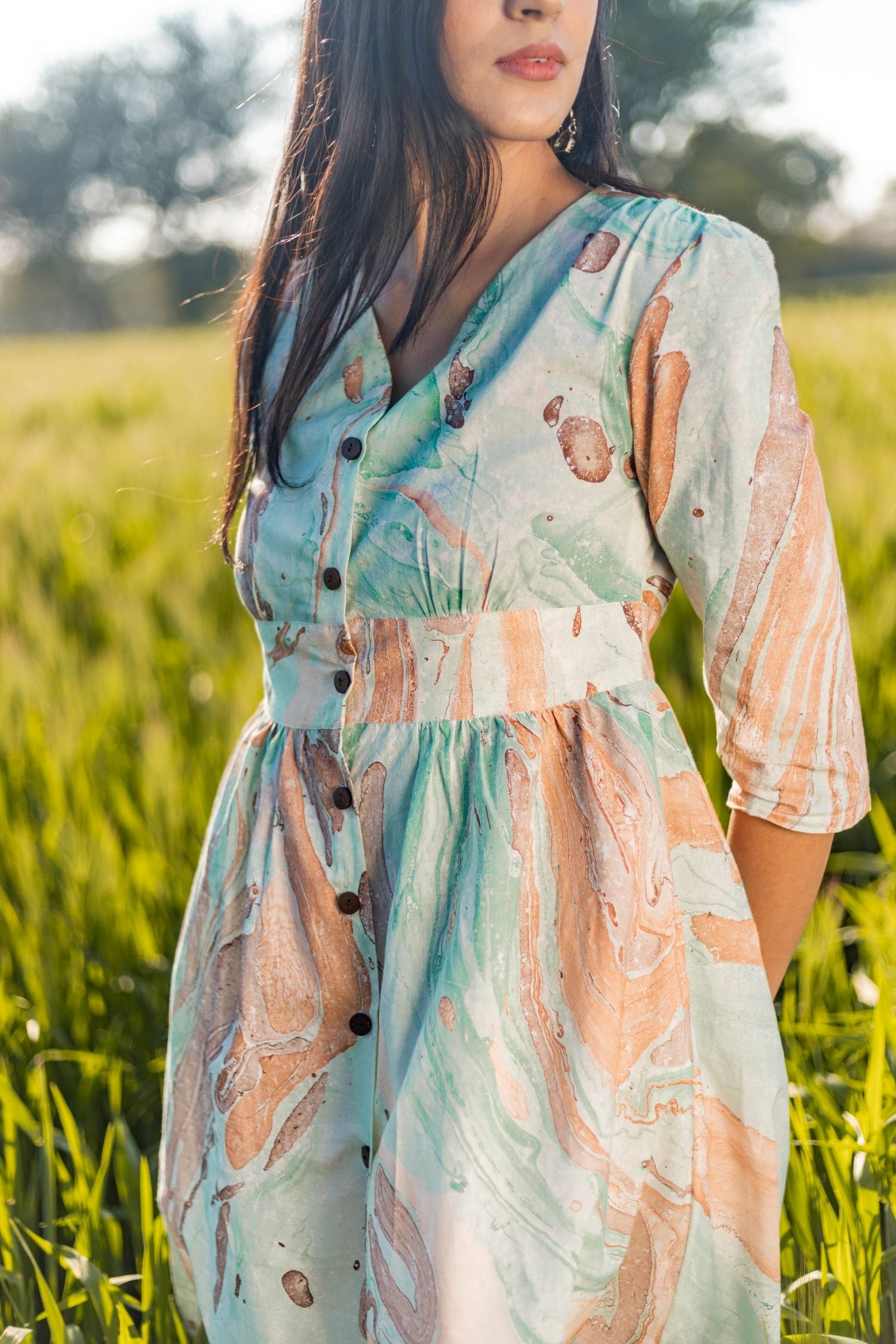 Flow Rust Handmarble Printed Pure Cotton Dress for Women | Elegant Boho Style Summer Dress | Perfect for Beach, Vacation & Casual Outings
