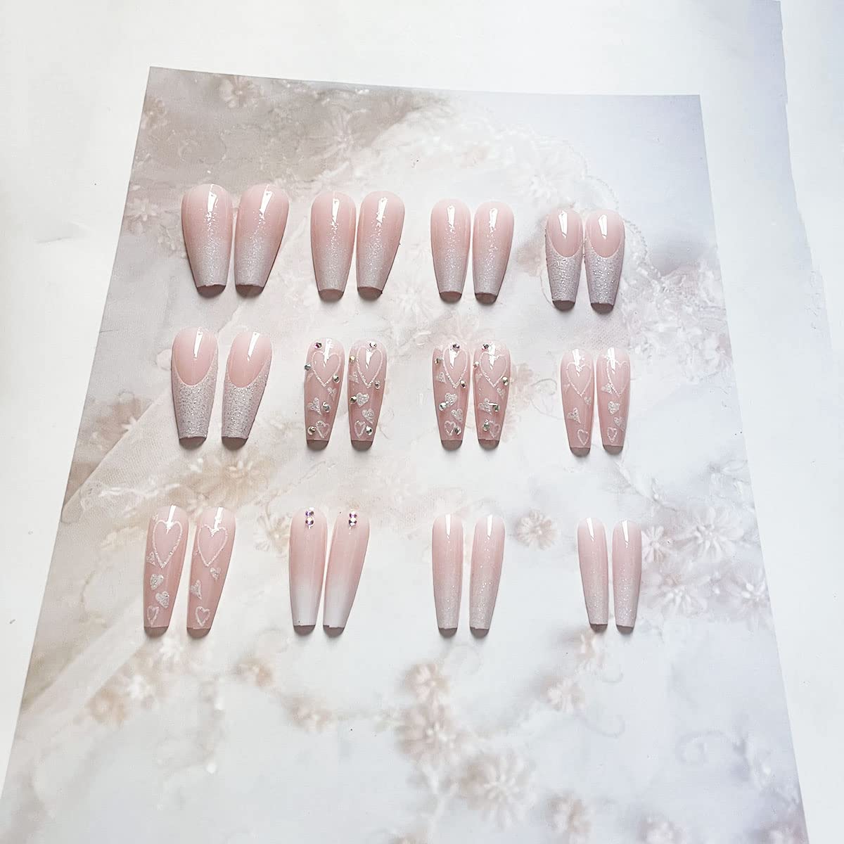 Carufin 24Pcs Long Coffin Press on Nails with Glossy Shine & Heart French Tip - Acrylic False Nails for Women & Girls (Style D) - Perfect for Parties, Weddings, and Special Occasions