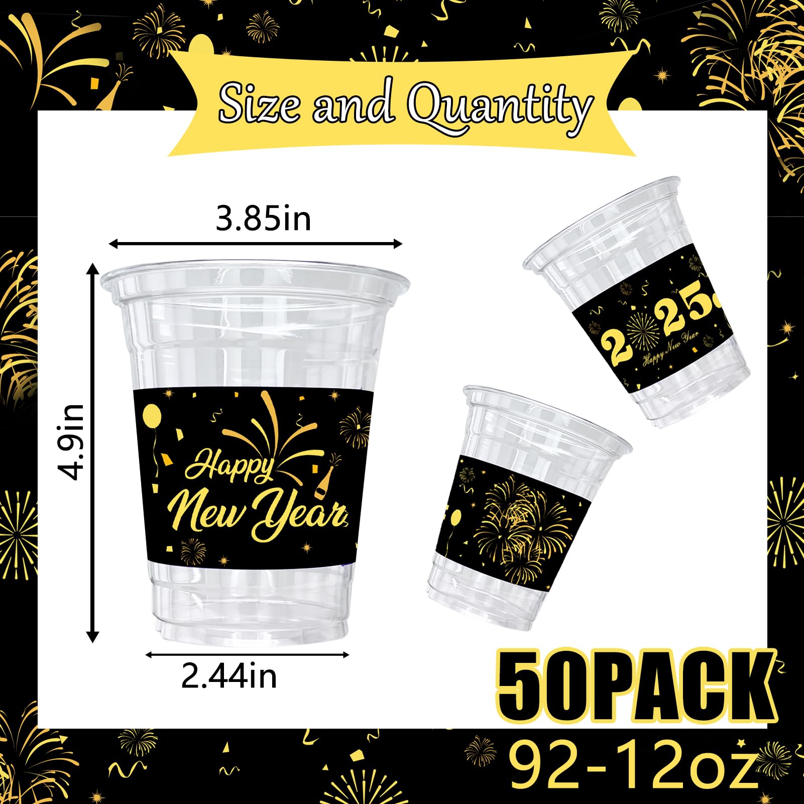 50 Count 2025 Happy New Year Party Cups - 12 oz Clear Plastic Disposable Cups for New Year's Eve Celebrations, Holiday Parties, Beer, Cocktails, Beverages & Ice Cream - Perfect for Countdown Events, Home Decorations & Office Celebrations