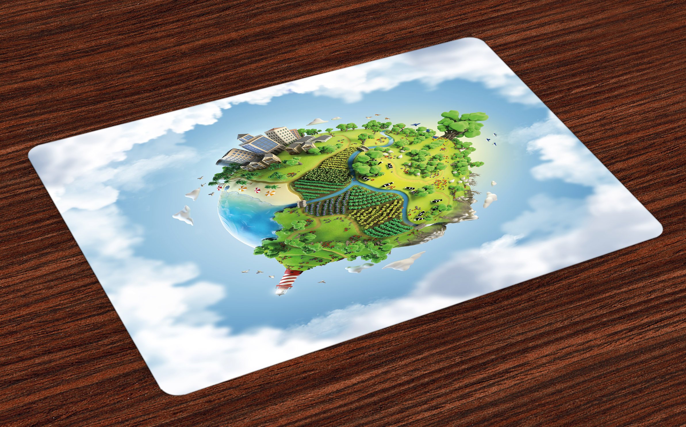 Ambesonne 4-Piece World Place Mats Set - Cartoon Globe with Greenery, Peaceful Country Sky Design - Washable Fabric Placemats for Dining Table & Kitchen Decor in Green, Pale Blue & White - Perfect for Family Dinners, Parties & Home Styling