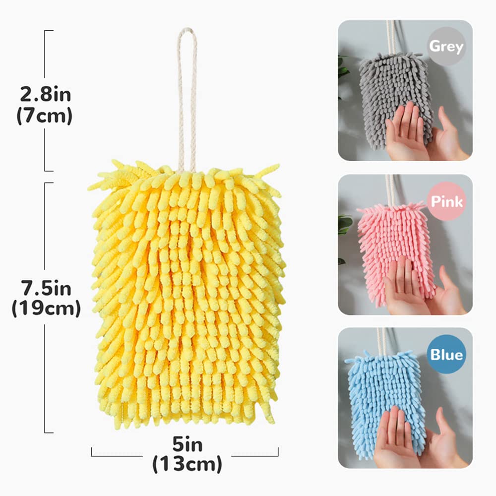 Nipogear 2-Pack Ultra Soft Chenille Hand Towels for Kitchen & Bathroom - Highly Absorbent, Quick Drying, Machine Washable with Hanging Loop (Grey, 7.5x5 Inches) - Perfect for Dish Drying, Hand Wiping & Bathroom Decor