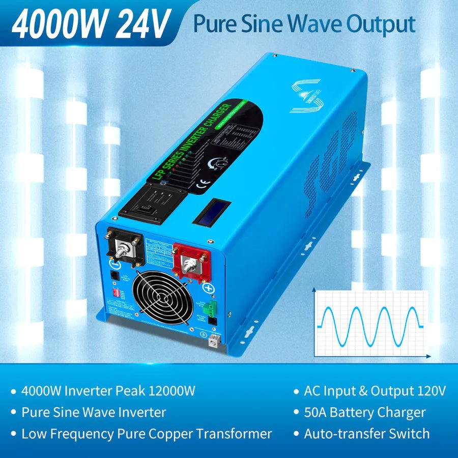 SunGoldPower 4000W 24V Pure Sine Wave Power Inverter with Built-in Charger - Perfect for RVs, Boats, Off-Grid Solar Systems & Emergency Backup Power