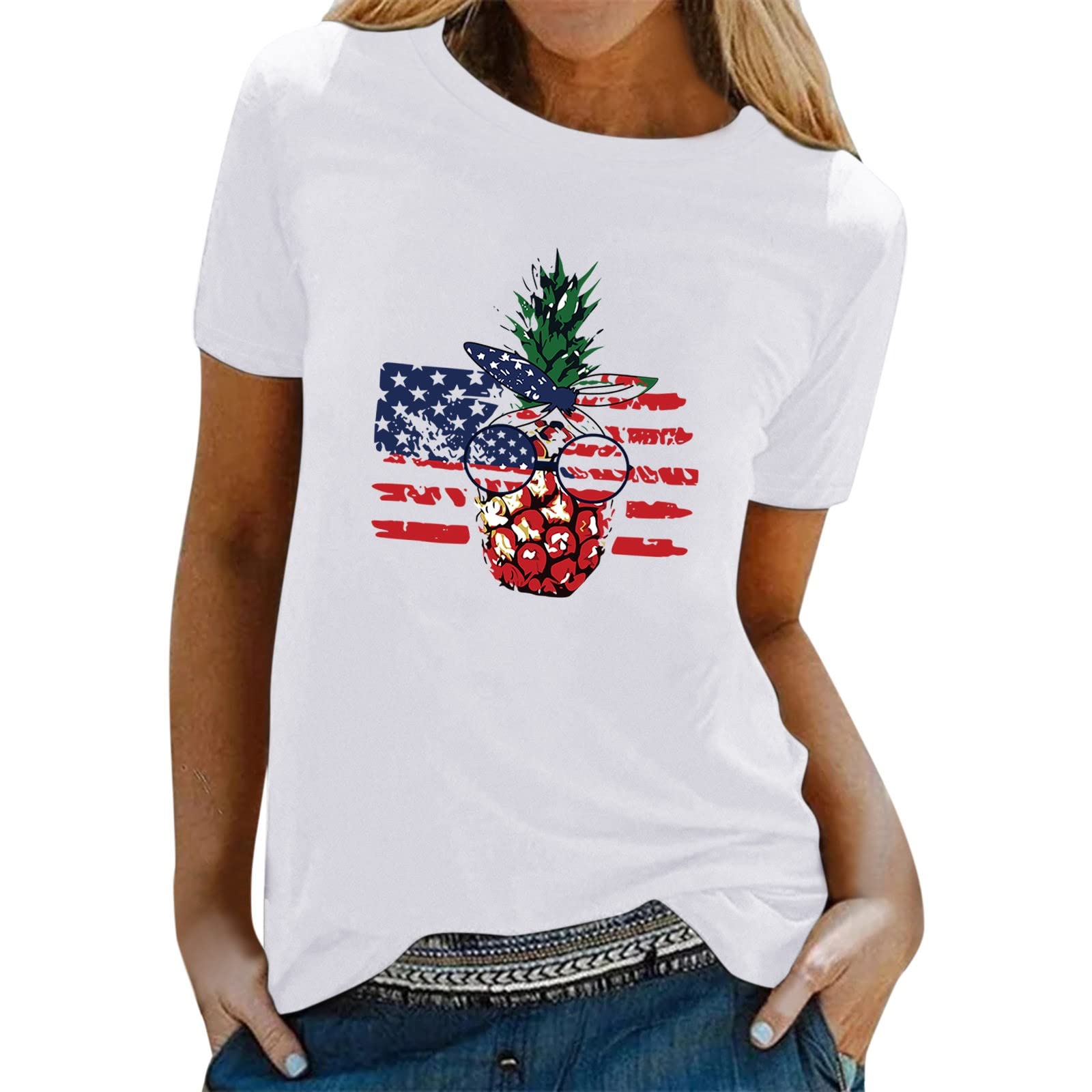 Women's Printed Blouse & Casual Shirt - Round Neck Short Sleeve Loose Fit Top for Day Wear | Perfect for Office, Date Night & Independence Day Outfits