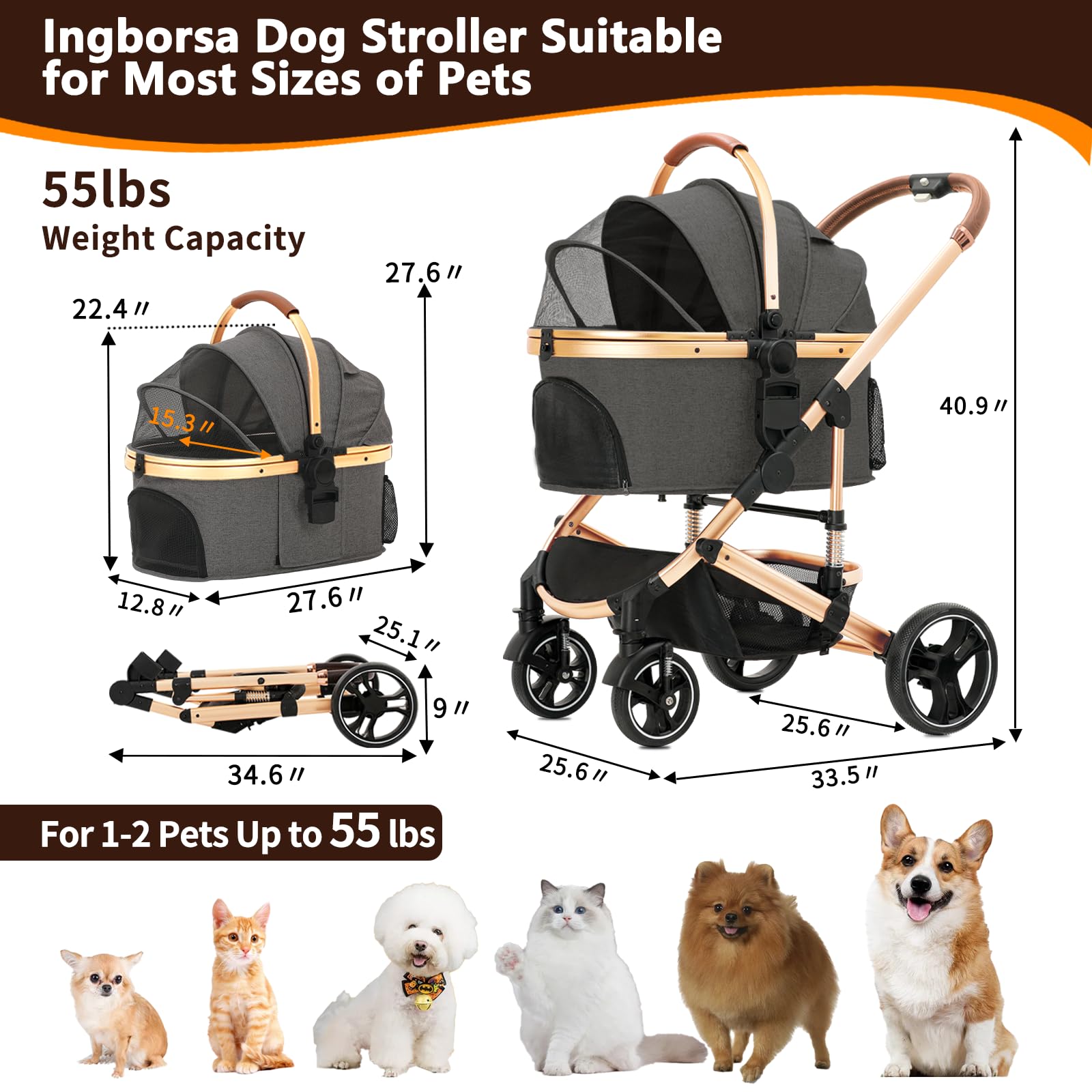 Premium 3-in-1 Folding Lightweight Pet Stroller with Detachable Carrier & Storage Basket - 4-Wheel Travel Stroller for Dogs, Cats, Puppies & Kittens (Gray) | Perfect for Outdoor Walks, Vet Visits & Shopping Trips