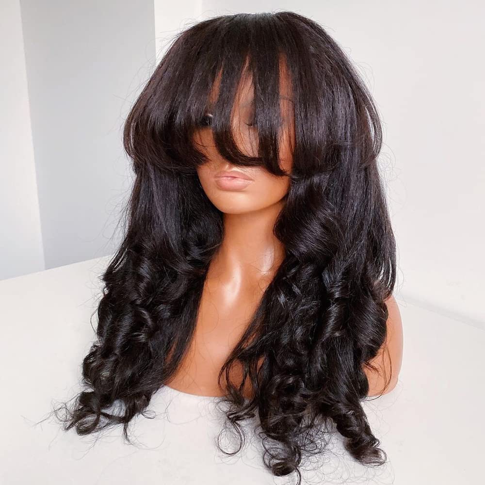 Brazilian Human Hair Wigs for Black Women - 22 Inch Kinky Yaki Wavy Bang Wig with 180% Density & O Scalp Top | Perfect for Protective Styling, Everyday Wear & Special Occasions