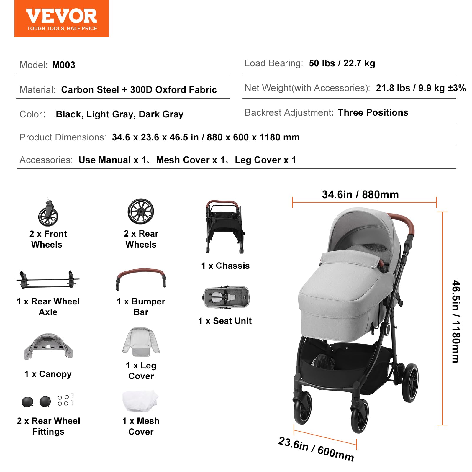 VEVOR Standard Baby Stroller with Bassinet - 3-Position Adjustable Reversible Seat, Foldable Lightweight Design, Carbon Steel Frame & Mesh Net Cover - Perfect for Newborns to Toddlers (Light Grey) | Ideal for Daily Walks, Shopping & Travel