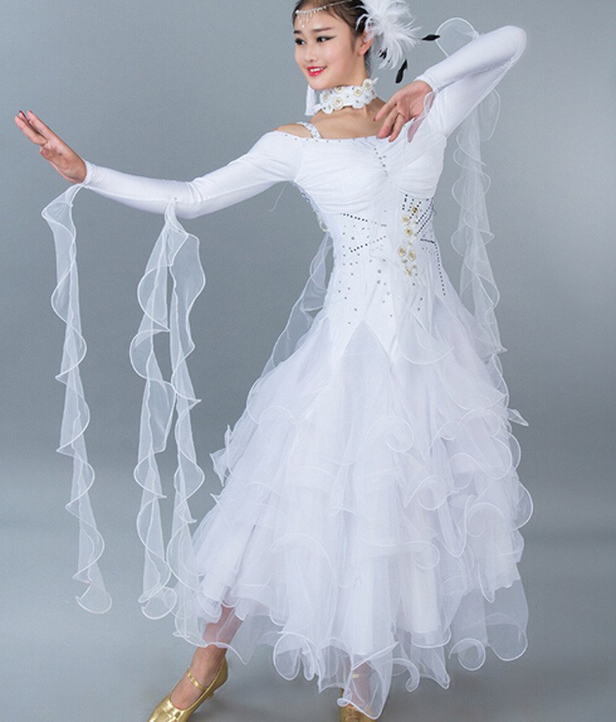 Elegant Women's Ballroom Dance Dress for Waltz, Tango & Smooth - Standard Competition Gown (White, Medium) | Perfect for Dance Competitions, Performances & Social Dancing