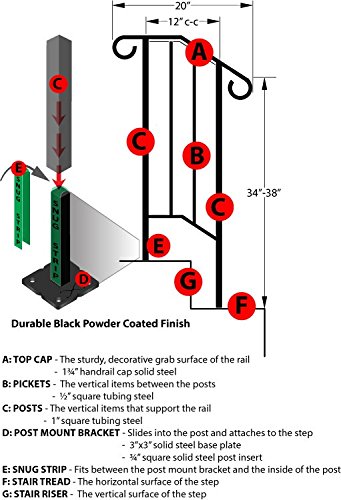 Iron X Handrail Picket #1 - Heavy Duty Steel Stair Railing for Brick or Paver Steps | Outdoor Stair Safety & Deck Handrail for Home & Garden