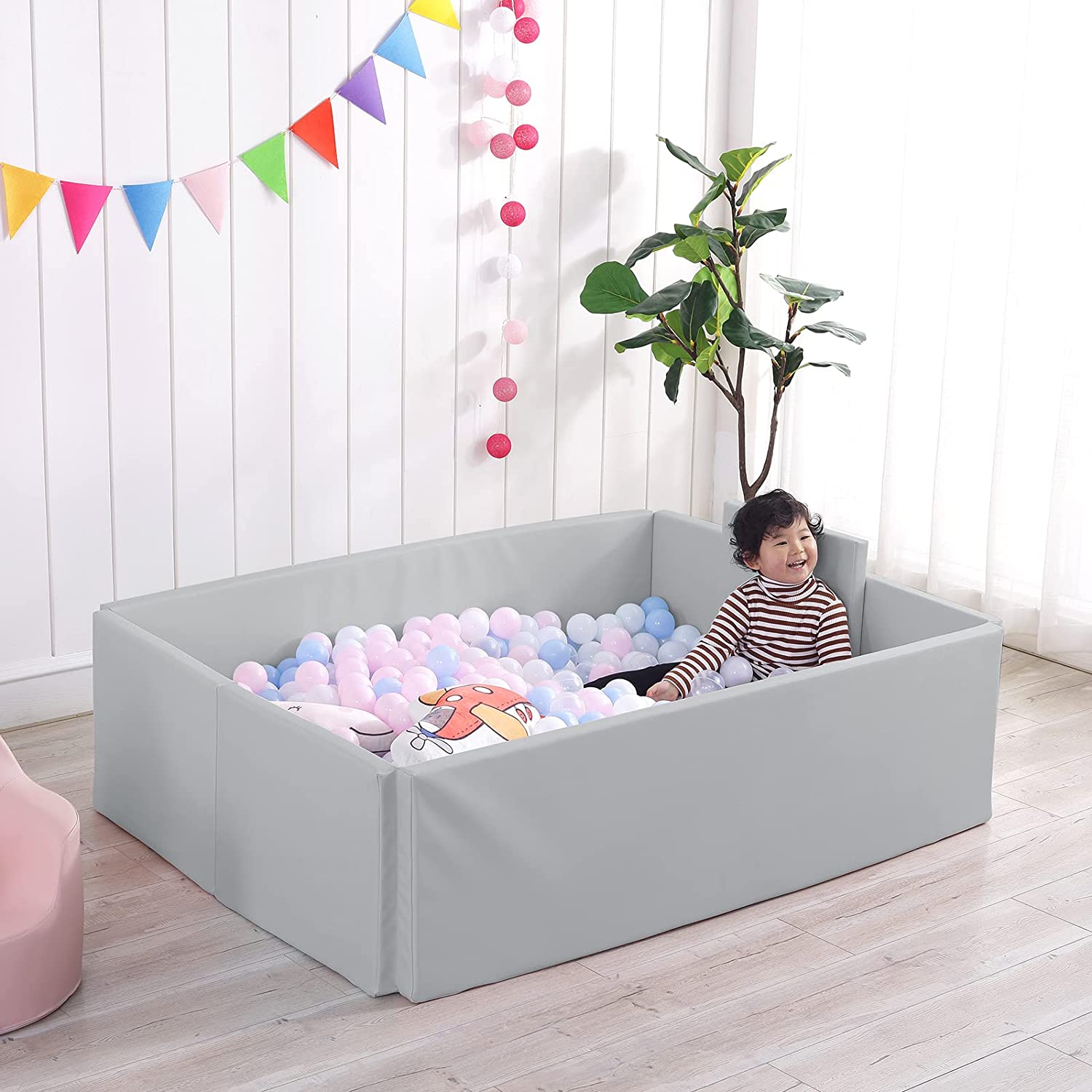 Soft Foam Foldable Grey Ball Pit Crawling Fence - Safe Playpen for Toddlers & Kids - Indoor/Outdoor Playground for Home, Daycare & Backyard Fun