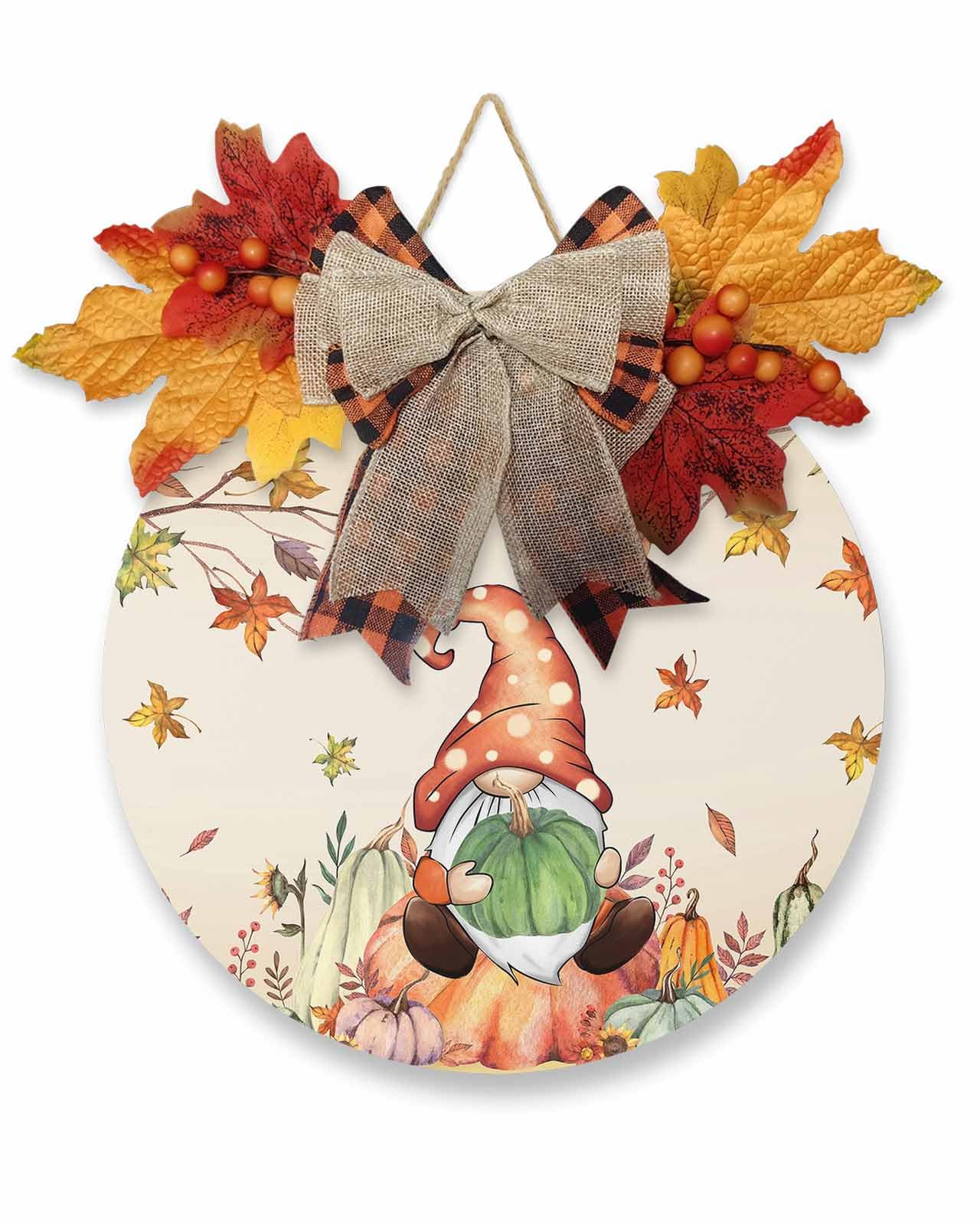 Thanksgiving Gnome Pumpkin Wreath for Front Door - Rustic Wood Welcome Sign for Porch Decor - Fall Maple Leaf Harvest Round Plaque Wall Hanging for Home Indoor & Outdoor - 10 x 10 Inch - Perfect for Autumn Porch Decorations, Thanksgiving Home Decor, and Seasonal Front Door Welcome Signs