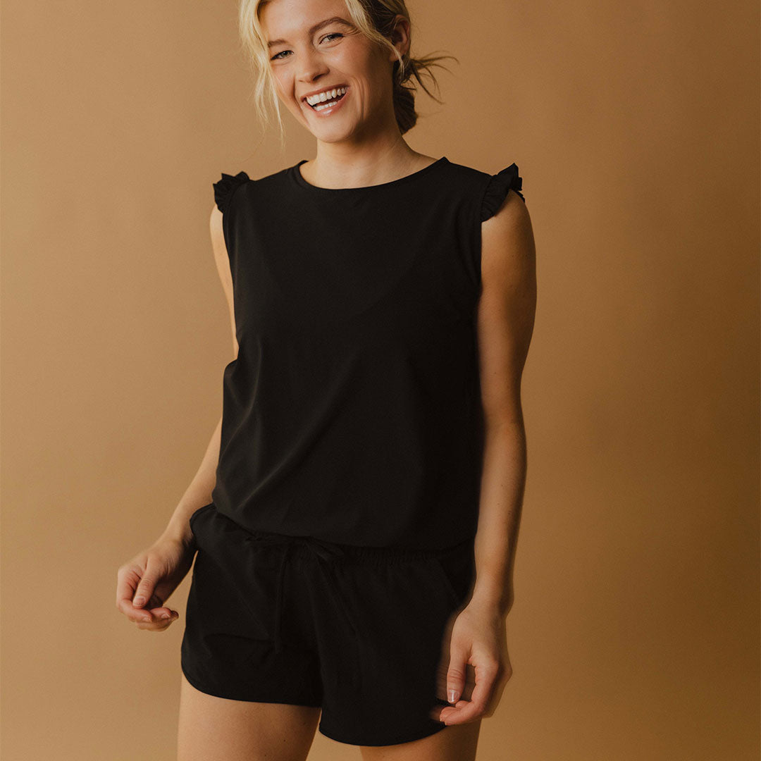 Stylish Black Romper for Women - Trendy Jumpsuit with Short Sleeves & Elastic Waist | Perfect for Summer Outfits, Beach Vacations & Casual Wear