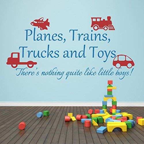 Playroom Wall Decal - Planes, Trains & Trucks Nursery Wall Sticker with Inspirational Quote - Baby Room Decor for Boys & Girls (Toys: Tomato Red, Words: Teal) - Perfect for Kids' Bedroom, Daycare or Play Area
