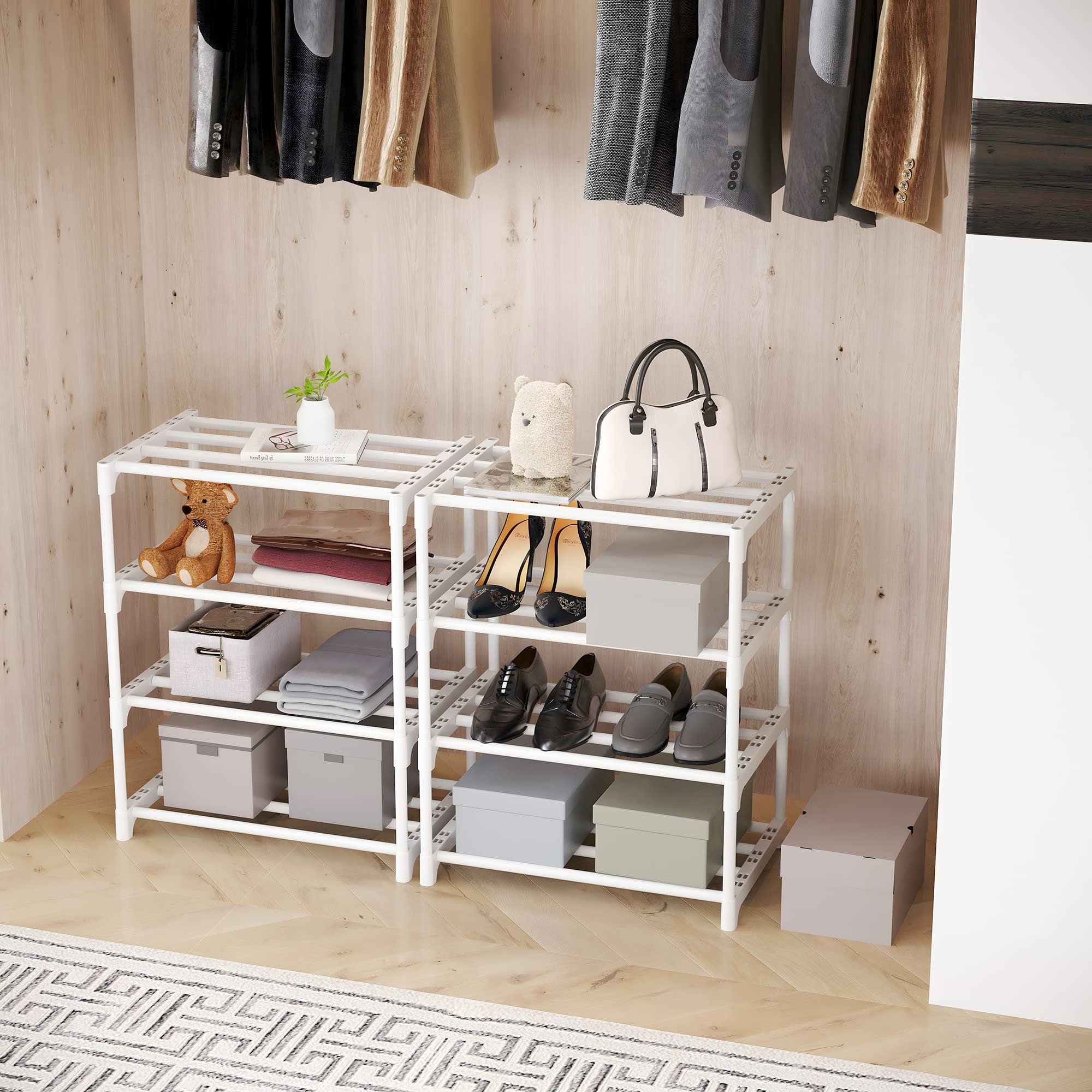 4-Tier Small Shoe Rack - Metal Stackable Kids Shoe Shelf Storage Organizer - Narrow Sturdy Shoe Rack for Closet, Hallway, Entryway, Living Room & Bedroom - Perfect for Small Spaces & Apartment Organization (White)