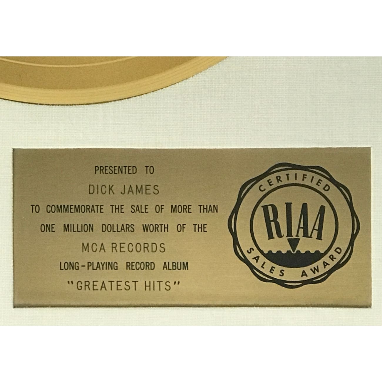 Elton John Greatest Hits White Matte RIAA Gold LP Award - Rare Vinyl Record for Collectors & Music Enthusiasts - Perfect for Home Decor, Gifts & Music Lovers