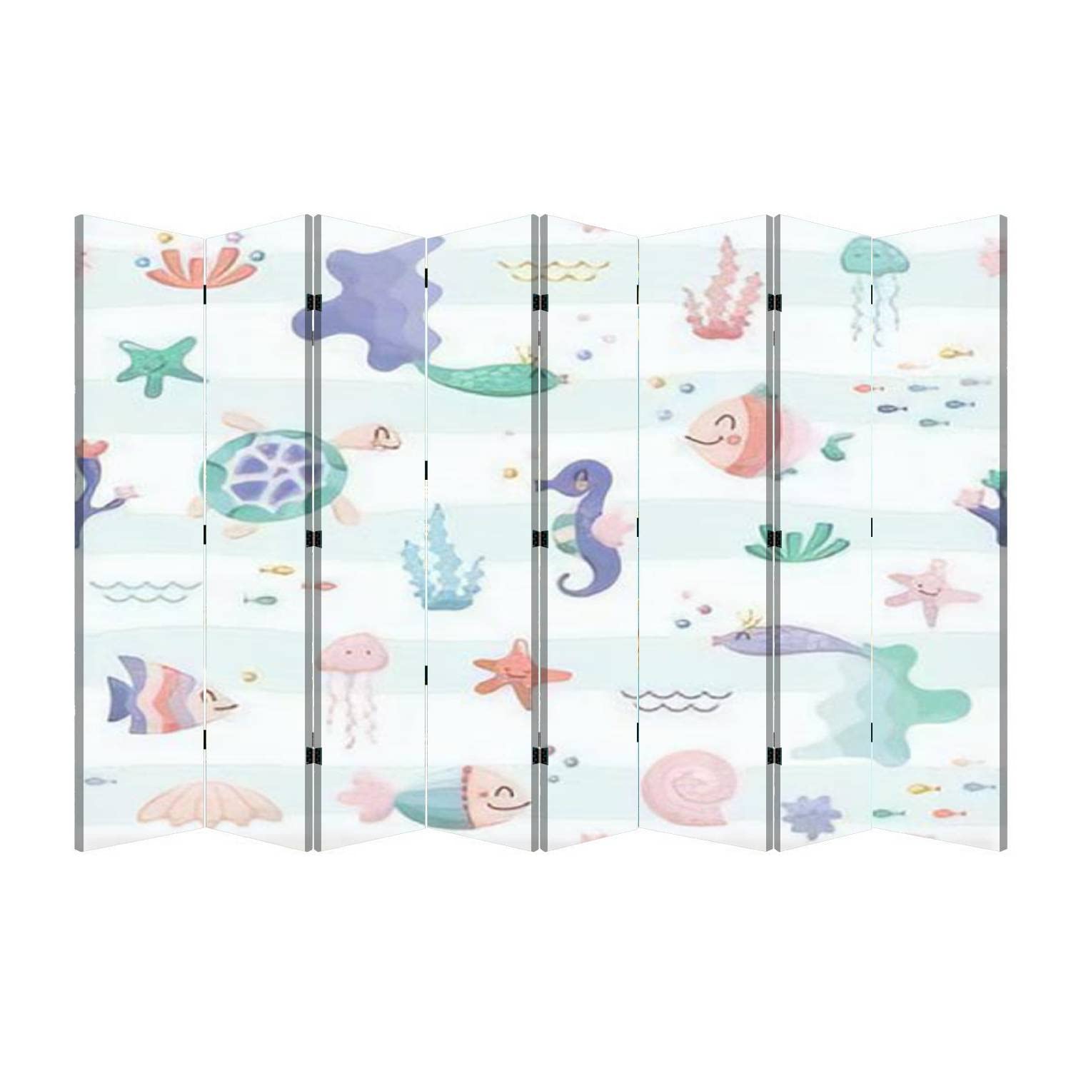 8-Panel Folding Room Divider with Cute Sea Fish & Glitter Design - Portable Freestanding Privacy Screen for Home, Office, Bedroom | Perfect for Space Separation & Nursery Decor