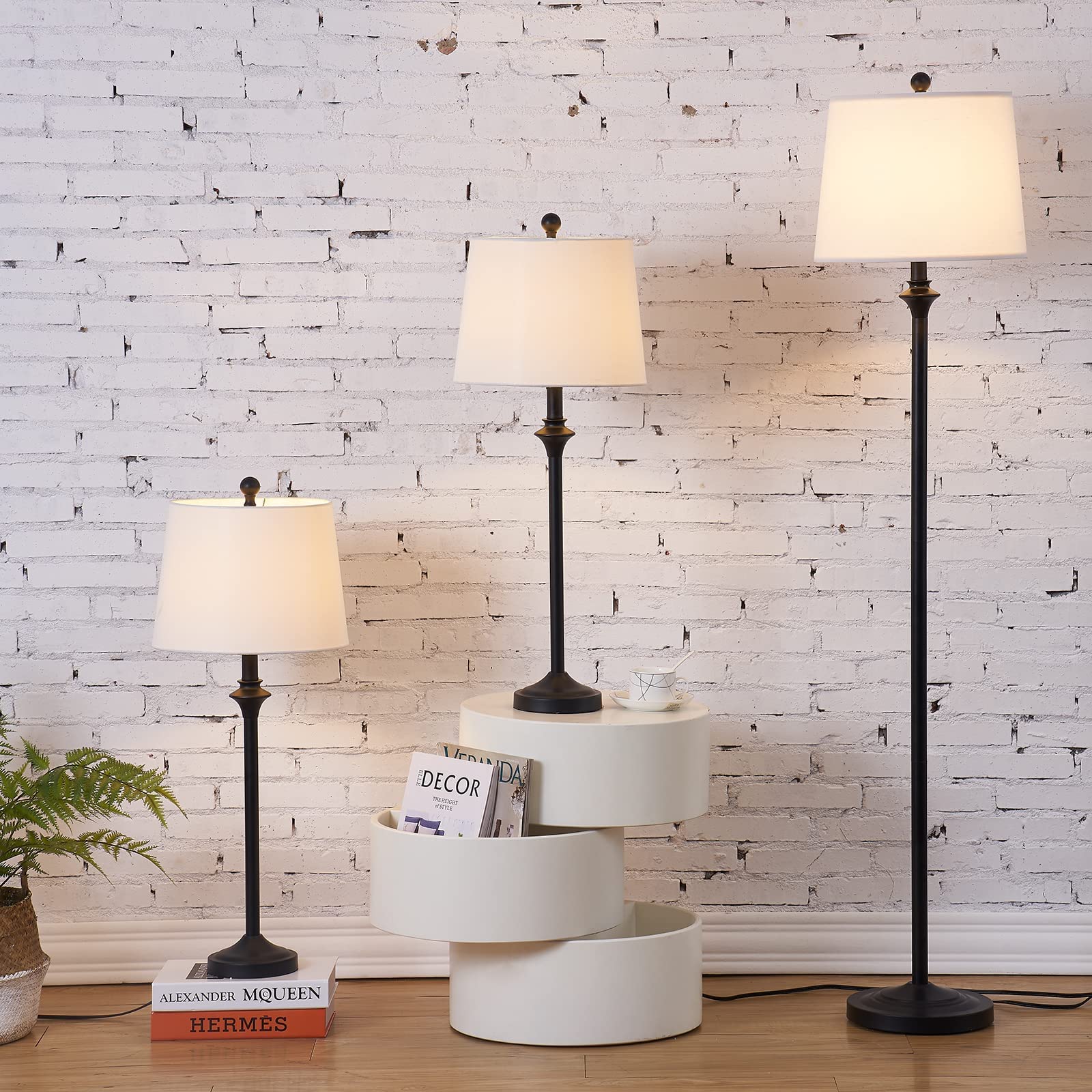 Maxax 3-Piece Traditional Lamp Set - Black Buffet Table Lamps & Floor Lamp with White Fabric Shades for Living Room, Bedroom, Study | Home Decor Lighting for Cozy Ambiance