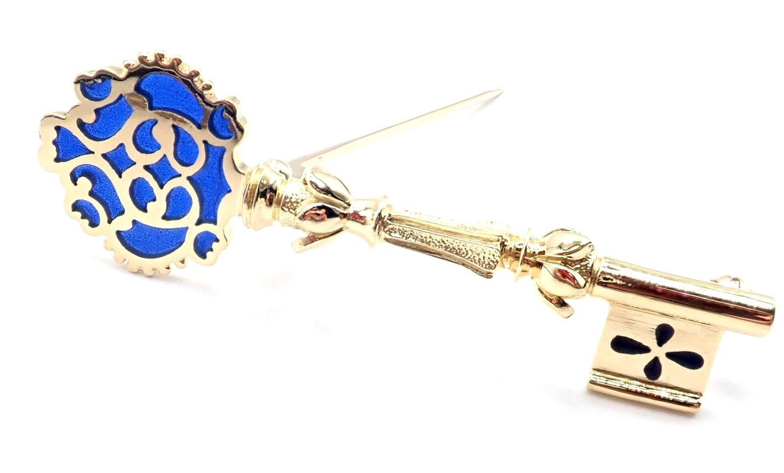 Authentic Vintage Mikimoto 18k Yellow Gold Blue Enamel Key Brooch Pin - Elegant Jewelry Gift for Women, Perfect for Weddings, Parties & Special Occasions
