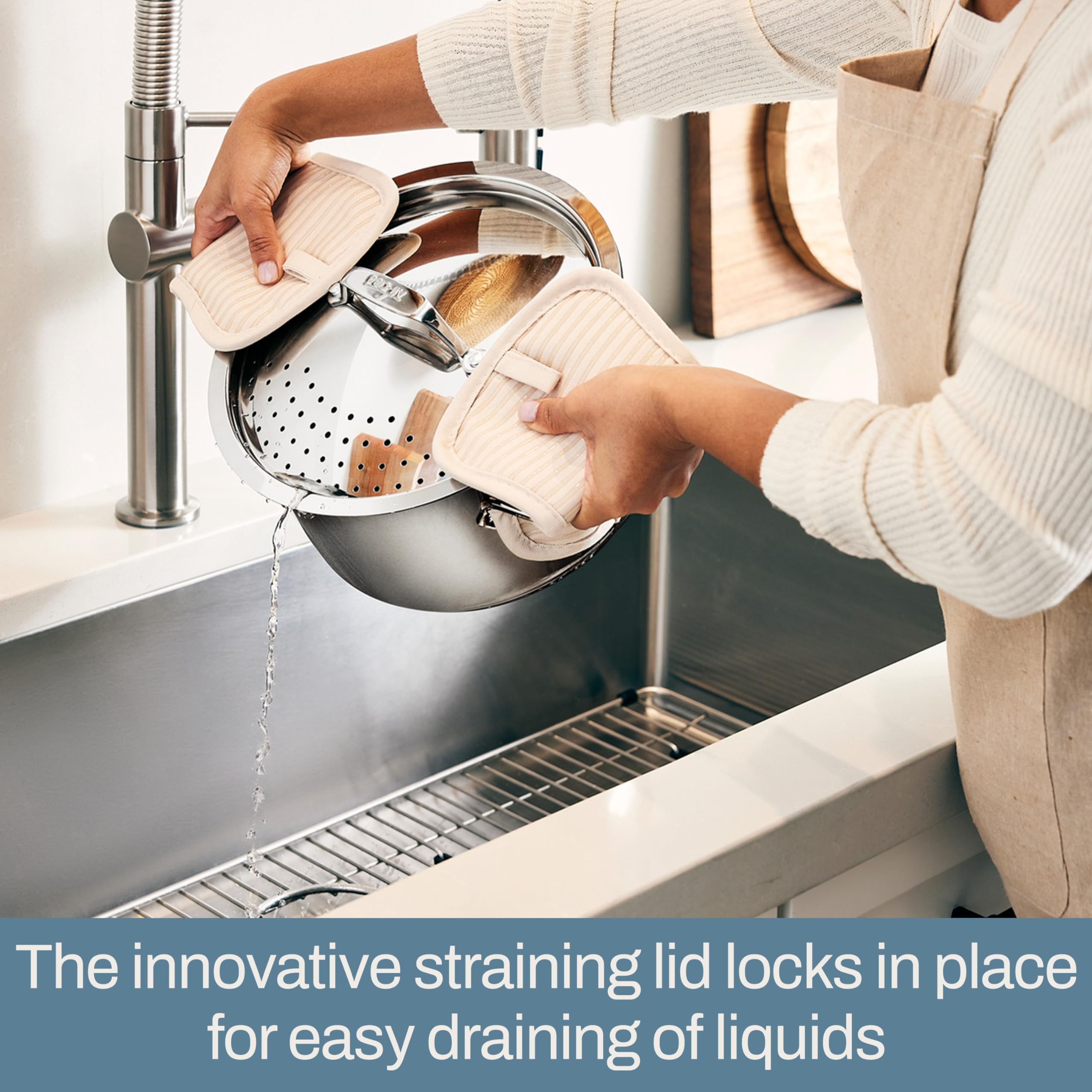 All-Clad 6-Quart Stainless Steel Multipot with Straining Lid - Induction Compatible, Oven & Broiler Safe up to 600°F - Pasta Strainer, Steamer Pot & Cookware for Home Kitchen - Perfect for Cooking Pasta, Steaming Vegetables & One-Pot Meals