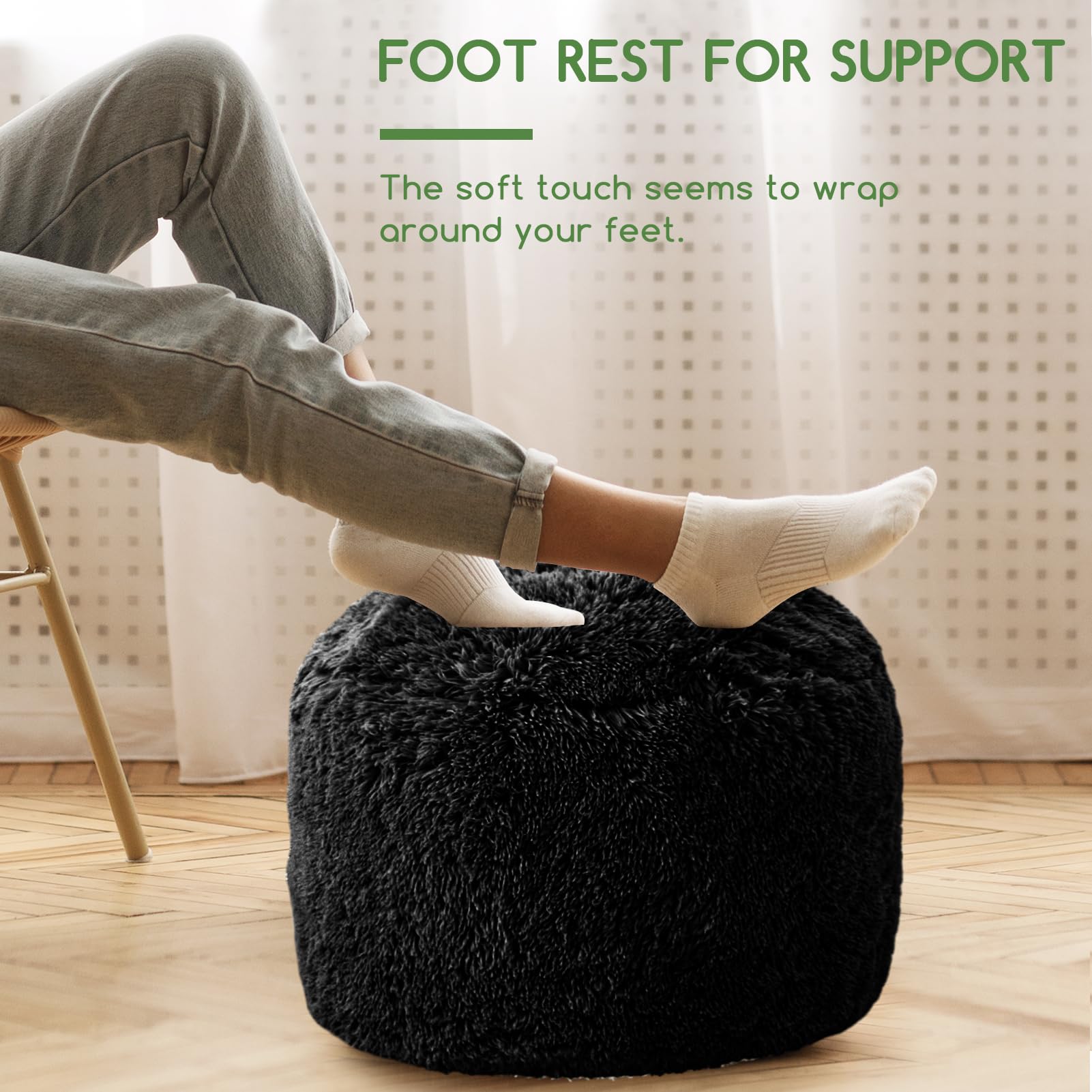 MAXYOYO Round Stuffed Pouf Ottoman - Long Faux Fur Footrest with Foam Chunk Filling, Black - Perfect for Living Room, Bedroom & Nursery Decor
