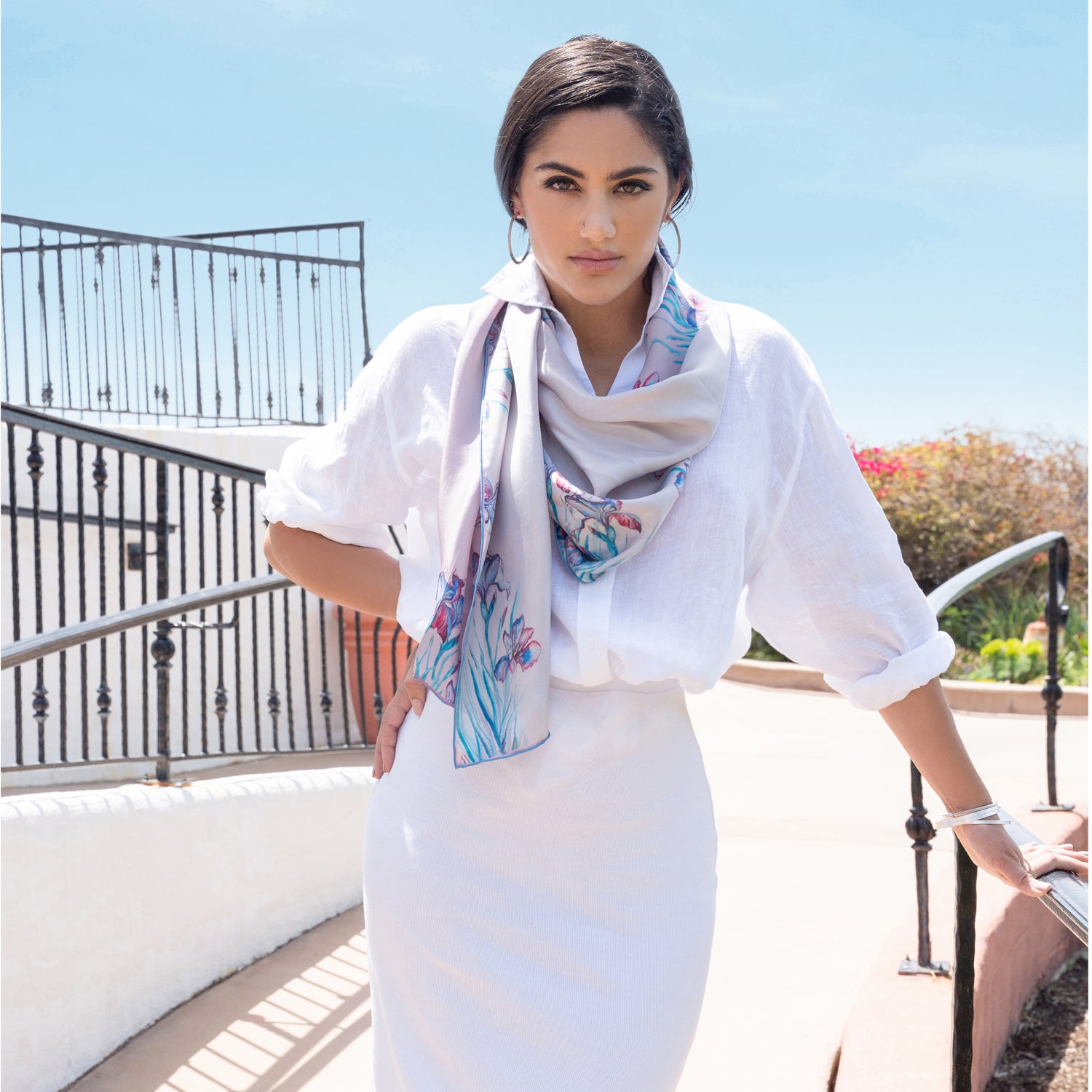 Iris Serenity Long Silk Scarf - Elegant Womens Fashion Accessory for Office, Evening & Travel