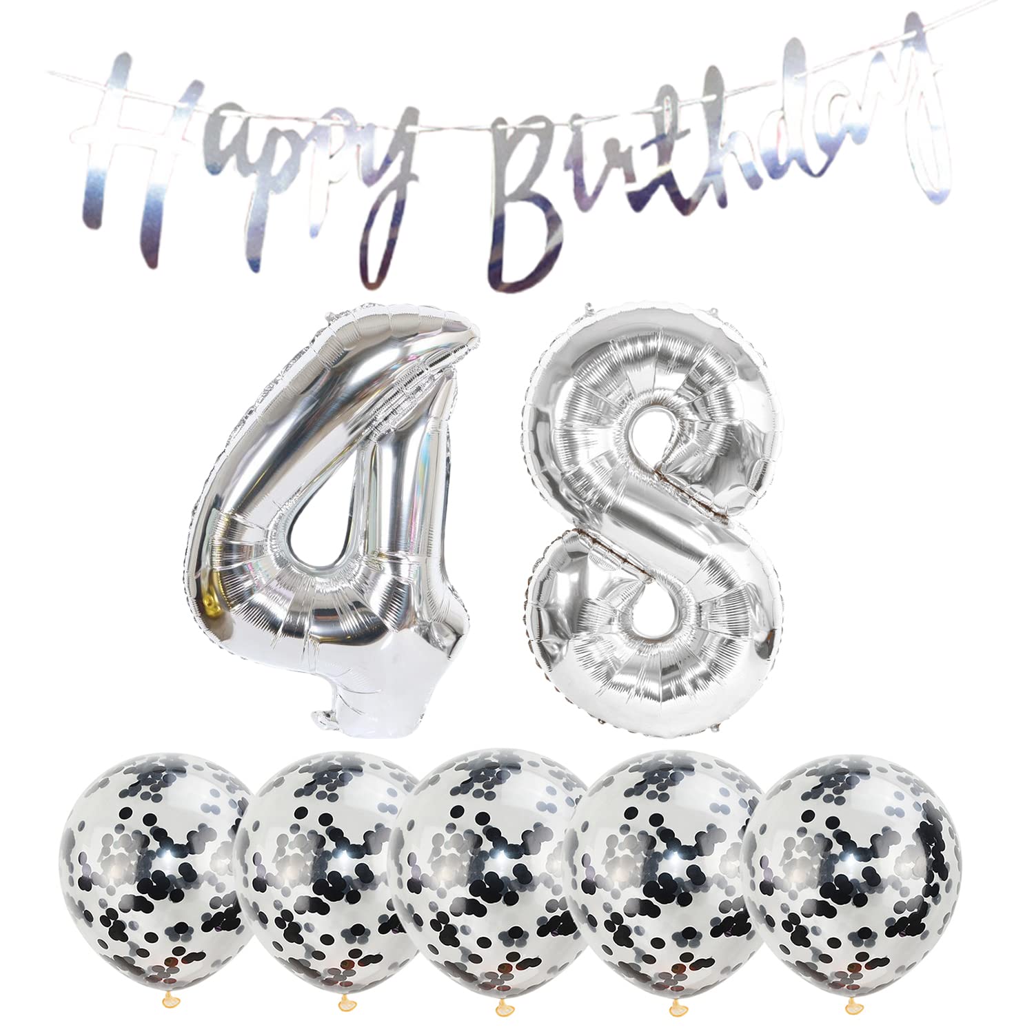 48th Birthday Party Decorations Set - Happy Birthday Banner, Helium Balloons (Number 48, Latex & Foil), Silver Theme Supplies for 48 Years Old Celebration | Perfect for Adult Milestone Parties, Anniversary Events & Special Occasions