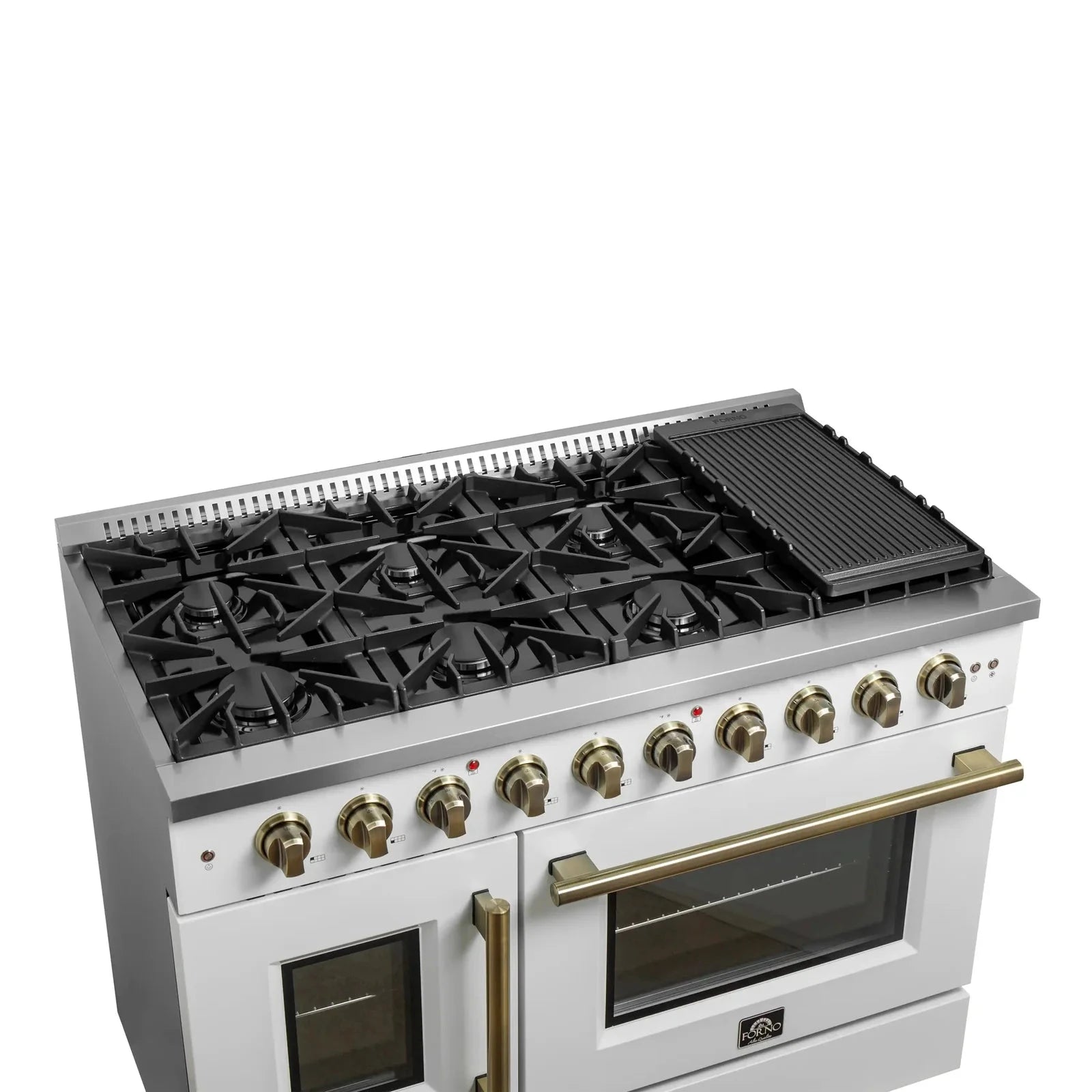 Forno Galiano 48-Inch Freestanding All Gas Range with French Doors - White with Antique Brass Trim (Model FFSGS6444 48WHT) - Perfect for Modern Kitchens & Professional Chefs