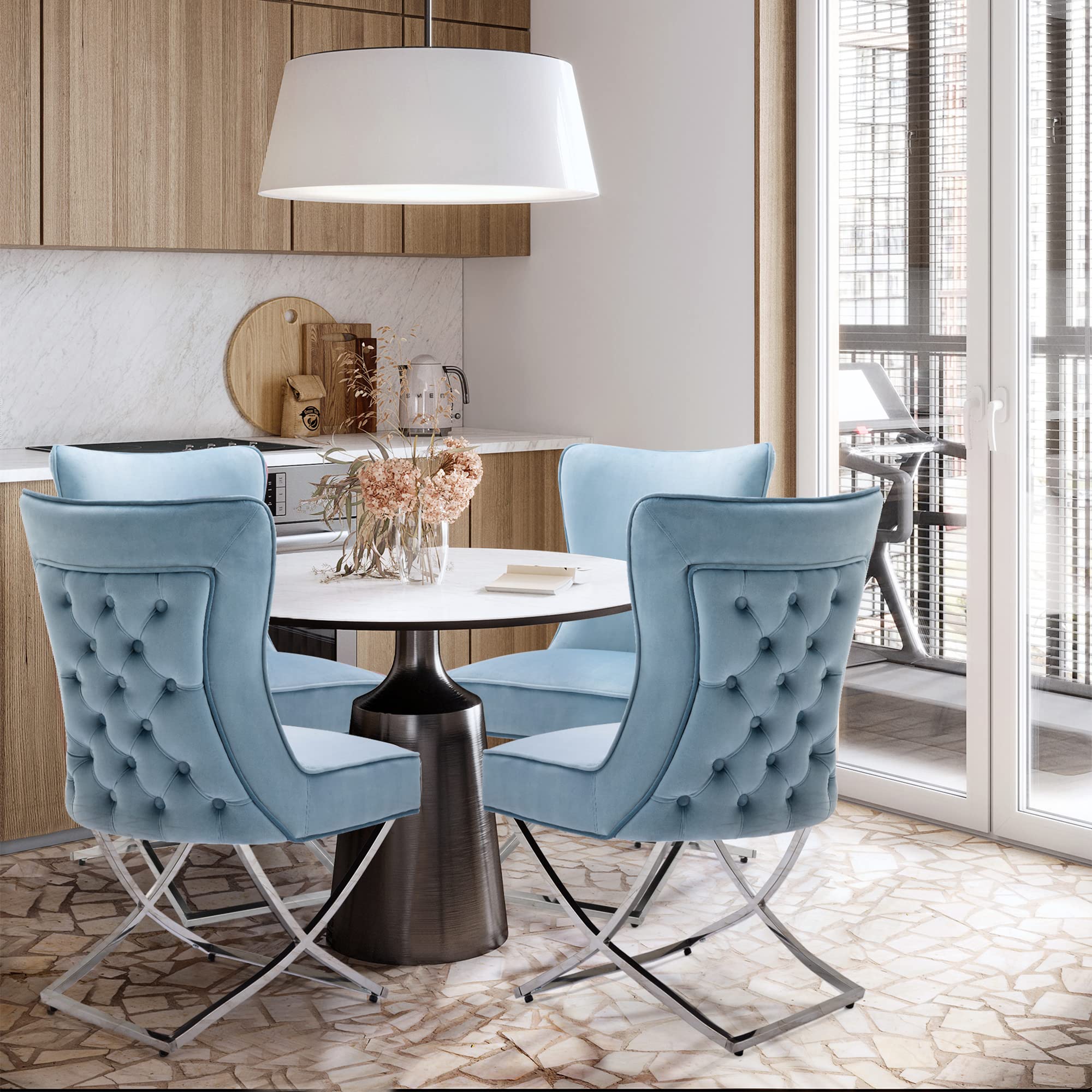 Modern Stainless Steel Legs Velvet Dining Chairs Set of 2 - Royal Blue Upholstered Button Tufted Back Chairs with Solid Piping for Dining Room, Kitchen, Breakfast Nook & Home Decor