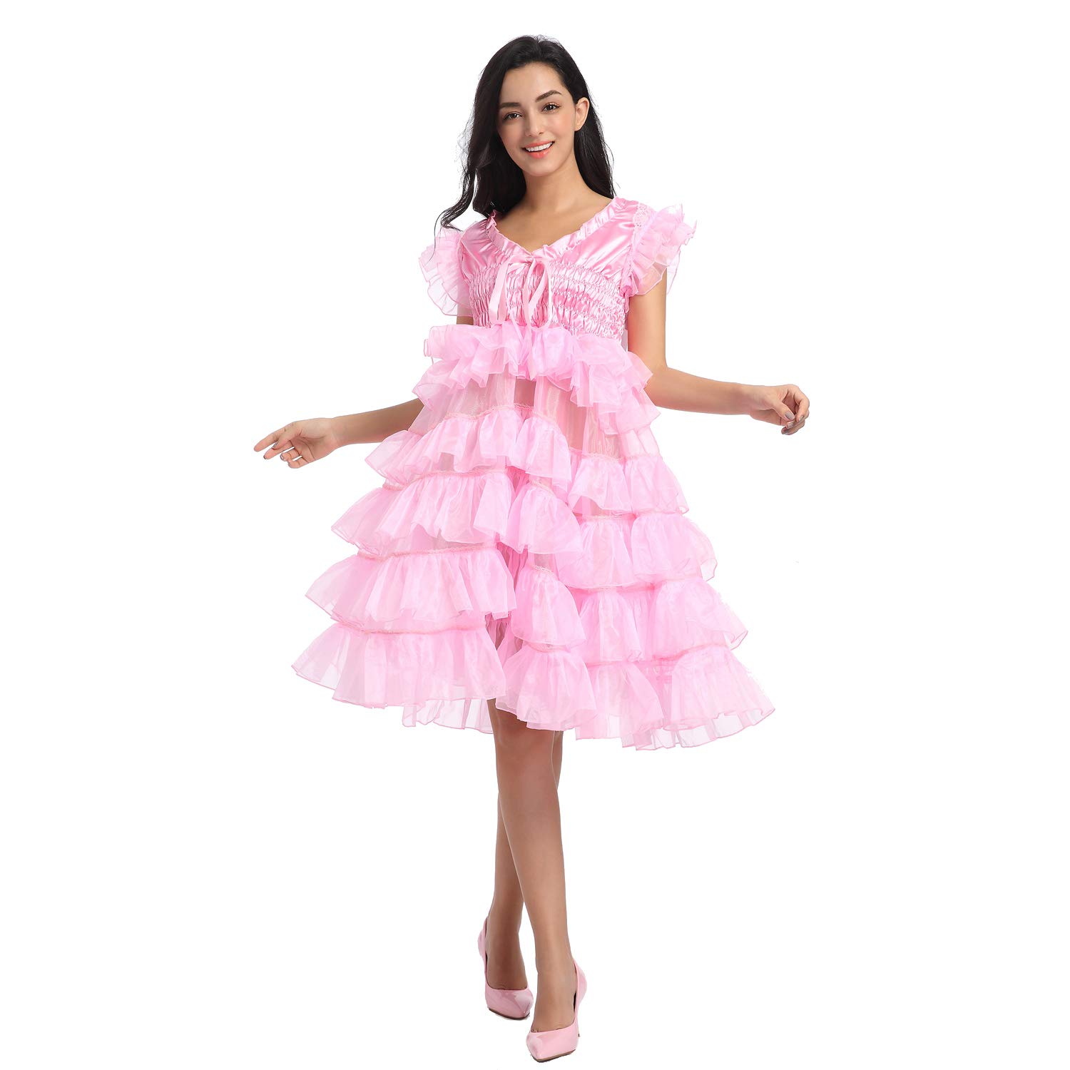 JOLINE Women's Pink Organza Layered Dress for Crossdressing - Elegant Sissy Party Dress for Special Occasions, Cosplay and Night Out