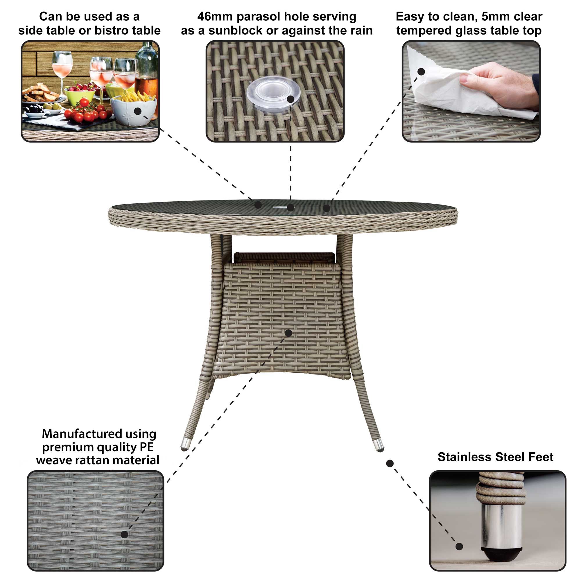 Premium Chester Rattan Wicker Outdoor Dining Table with Tempered Glass Top - Weather-Resistant Brown Patio Furniture (DG66) | Perfect for Garden, Poolside & Backyard Entertaining
