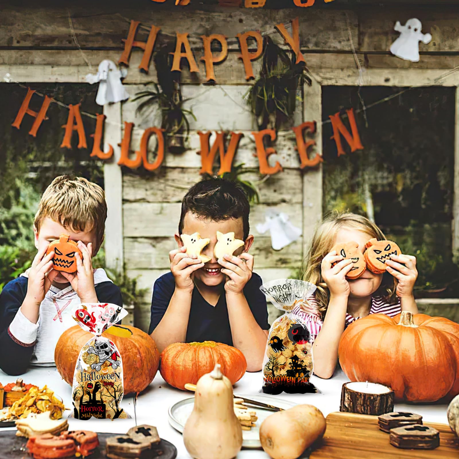 WOVTE 100PCS Halloween Cellophane Candy Bags with 120 Twist Ties - Trick or Treat Goodie Bags for Halloween Party Favors & School Classroom Treats