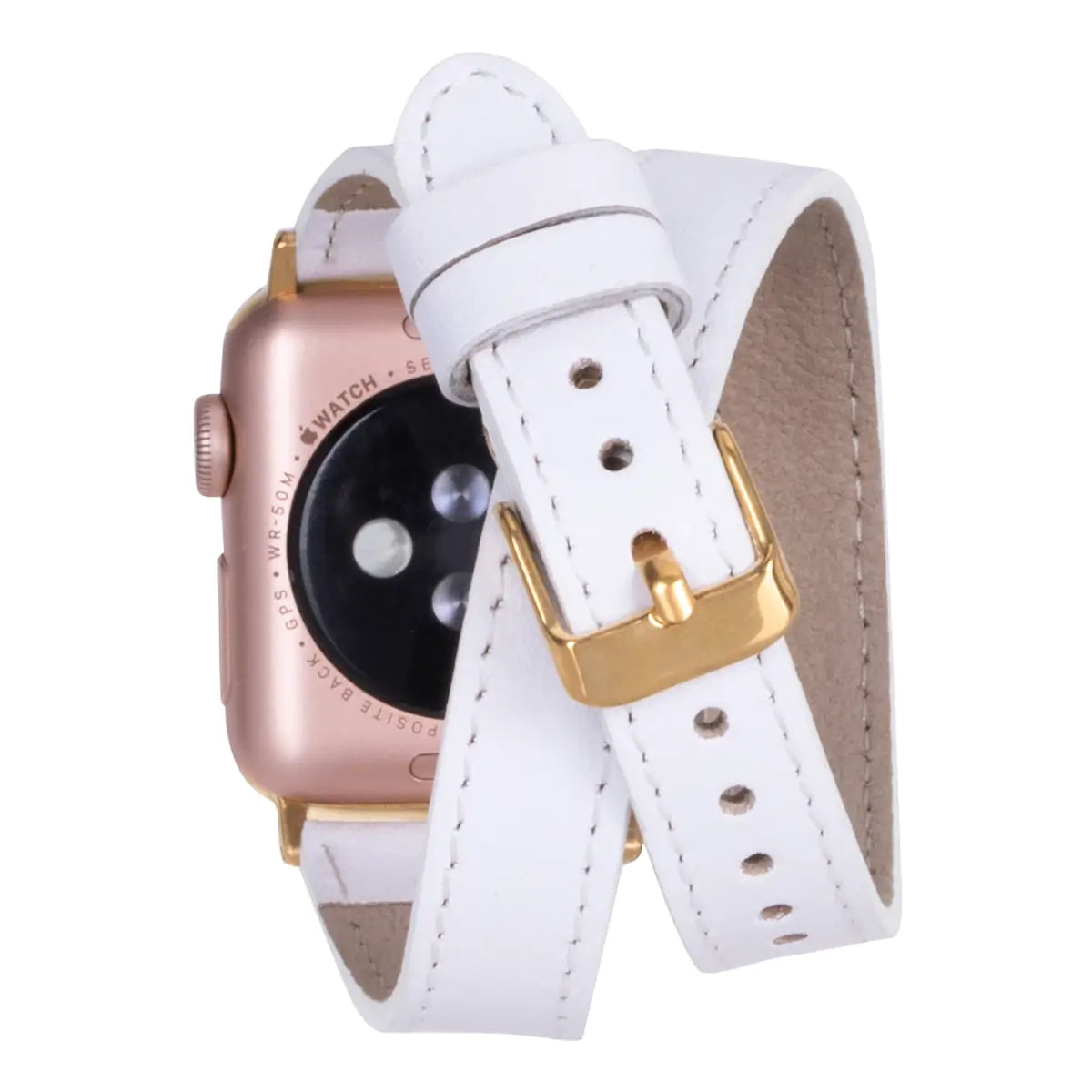 Slim White Leather Double Tour Apple Watch Band with Gold Rivet - Elegant & Durable Strap for Work, Fitness & Everyday Wear