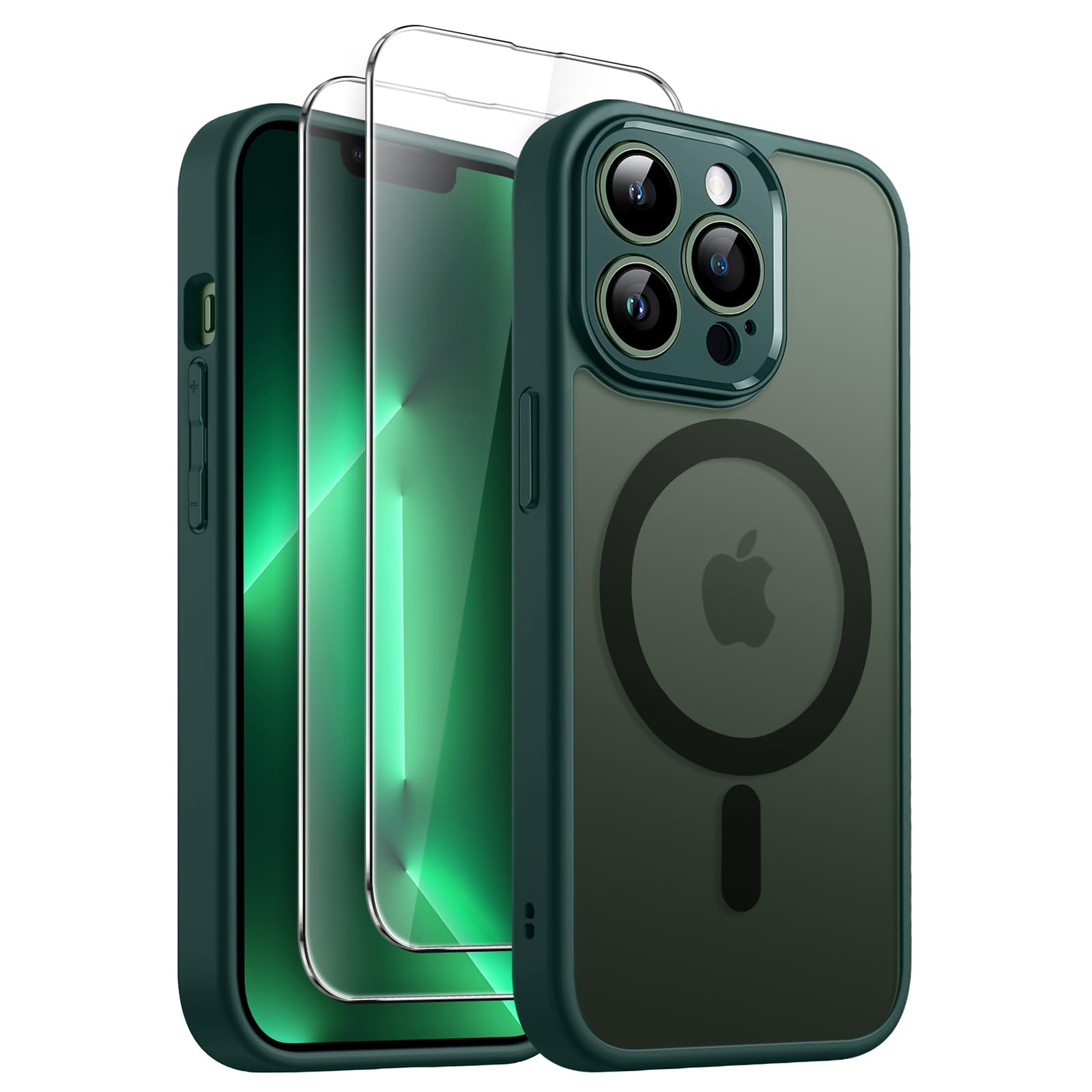 JETech 3 in 1 Magnetic Case for iPhone 13 Pro 6.1-Inch | 2-Pack Tempered Glass Screen Protector | MagSafe Compatible | Translucent Matte Shockproof Cover (Dark Green) - Perfect for Work, Travel & Everyday Protection