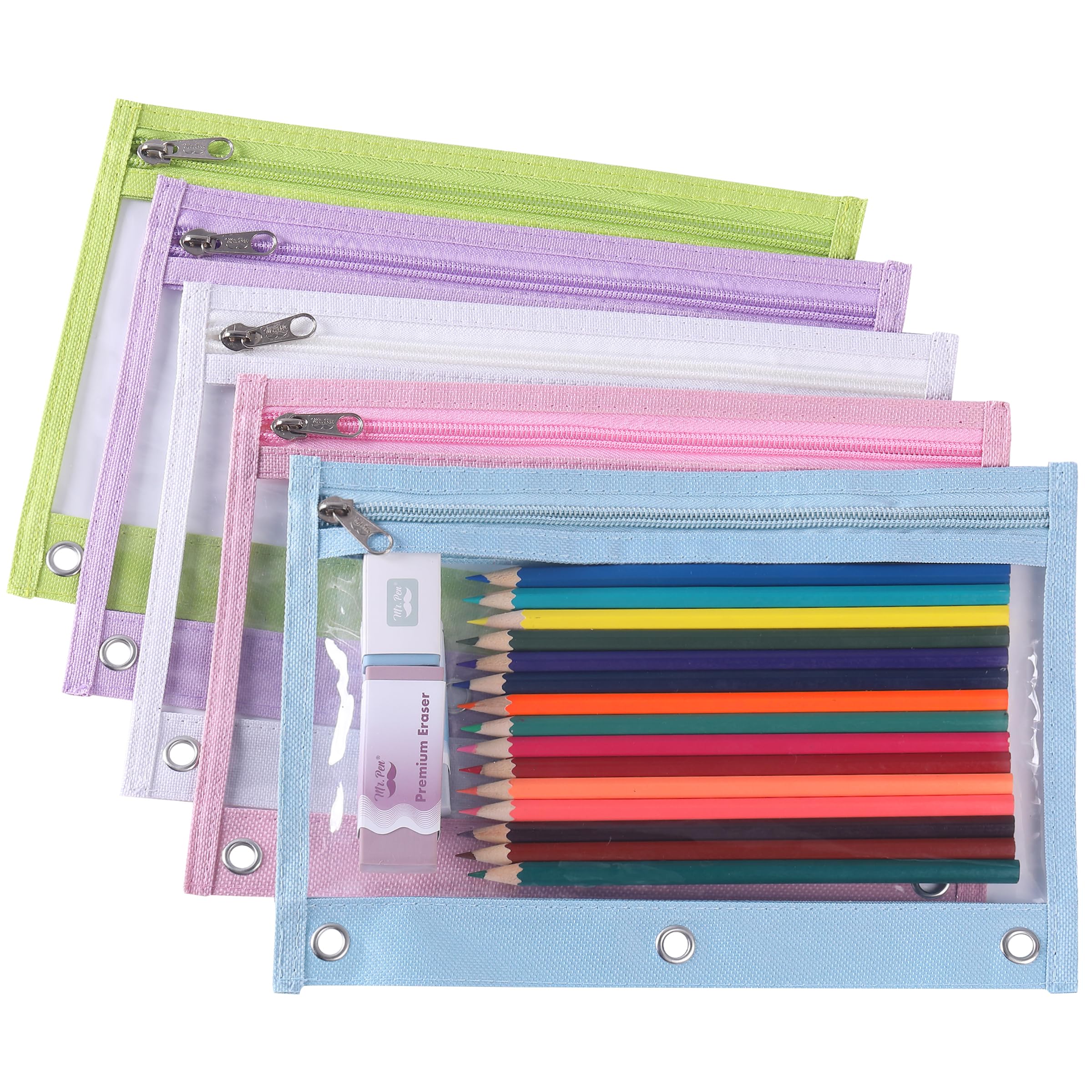 Mr. Pen 5-Pack Clear Window Pencil Pouches with Zipper for 3-Ring Binder - Durable School & Office Supplies for Students, Teachers & Professionals - Perfect for Organizing Pens, Pencils & Stationery