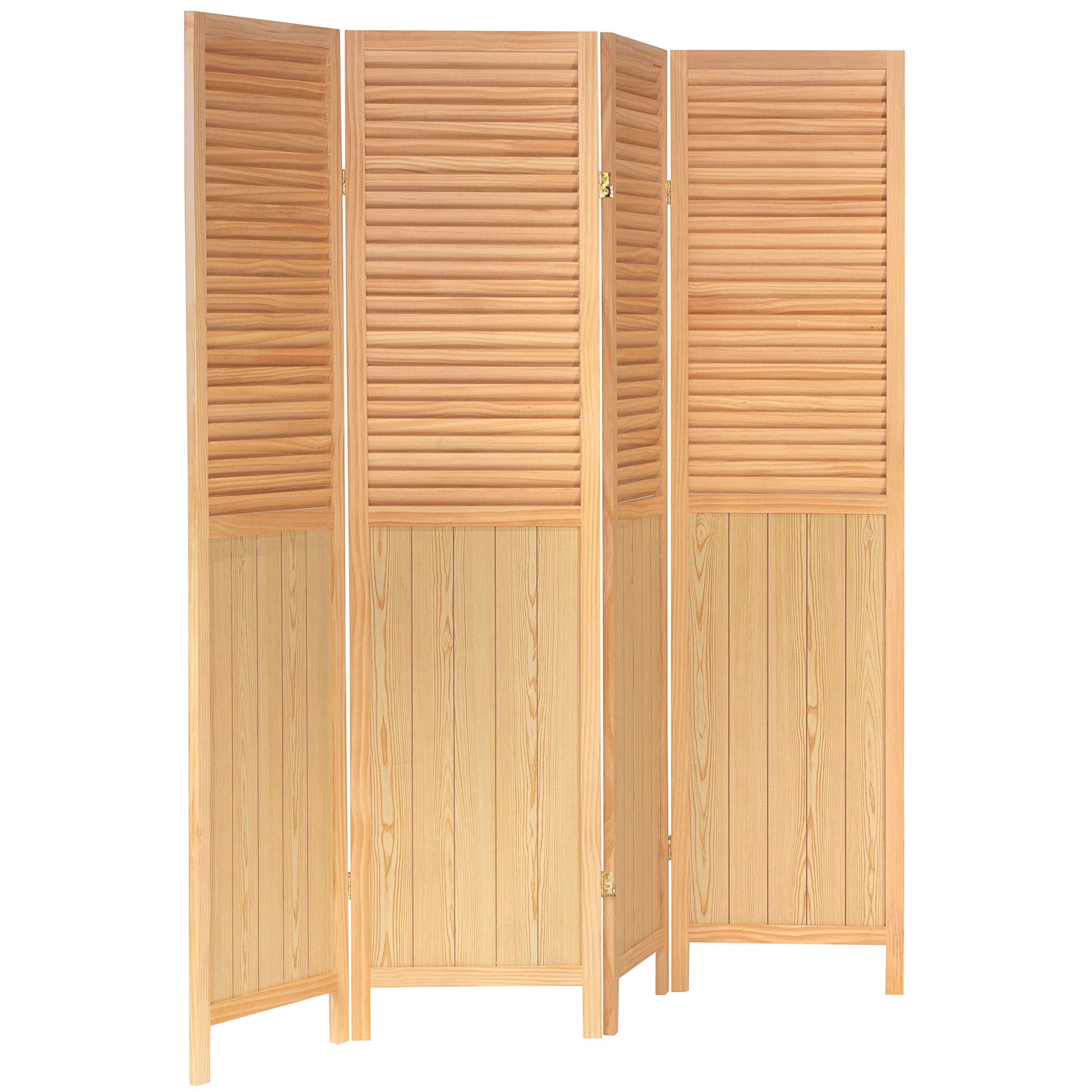 6 ft. Tall Red Lantern Louvered Beadboard Room Divider - Natural Wood 4 Panel Folding Screen for Home, Office, and Event Space Decoration