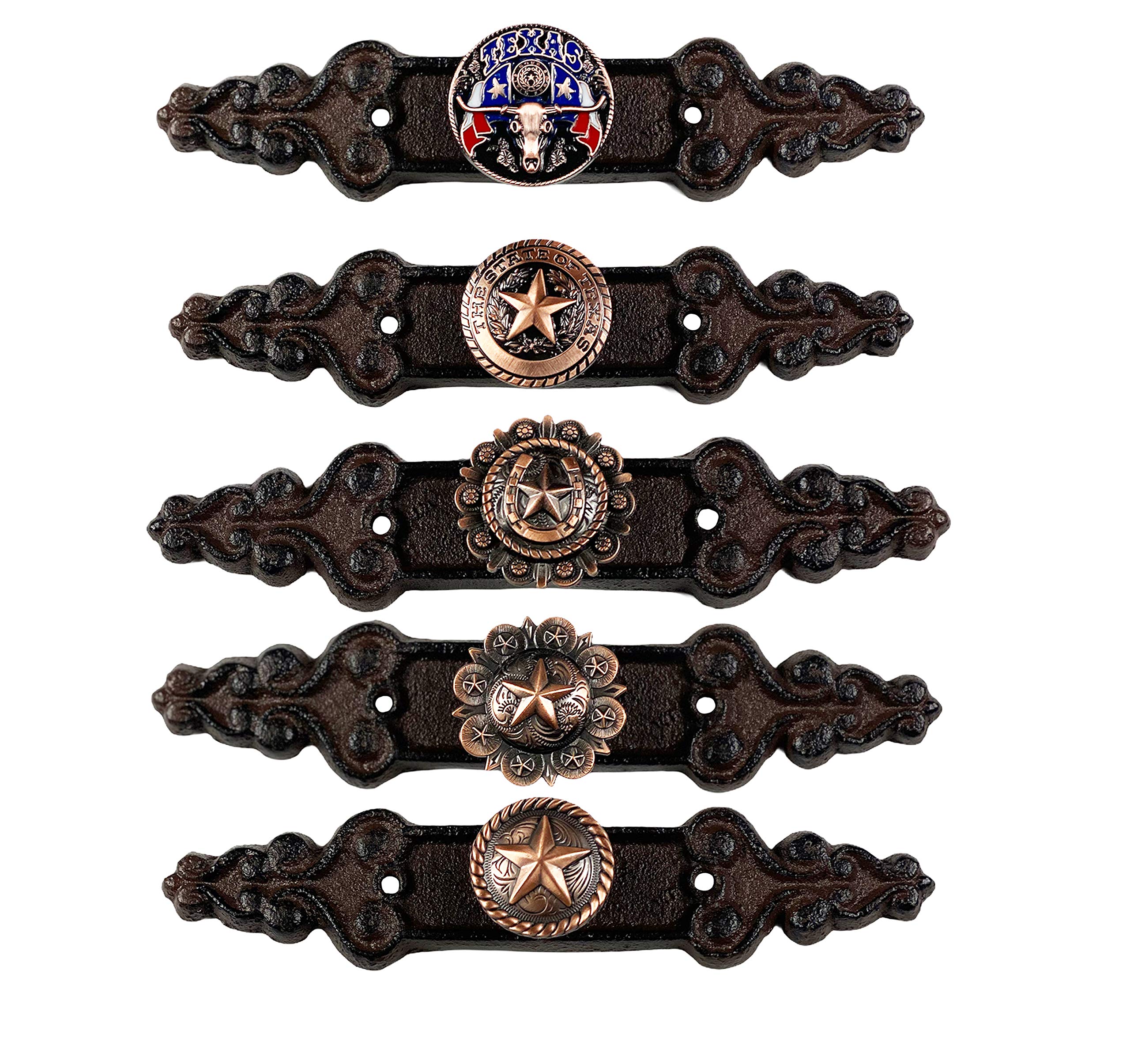 Urbalabs Cast Iron Texas Longhorn Concho Knobs - Rustic Kitchen Cabinet Handles & Drawer Pulls for Farmhouse Decor - Western Style Antique Dresser Hardware - Perfect for Country Home, Ranch Style Kitchens & Western Themed Bedrooms