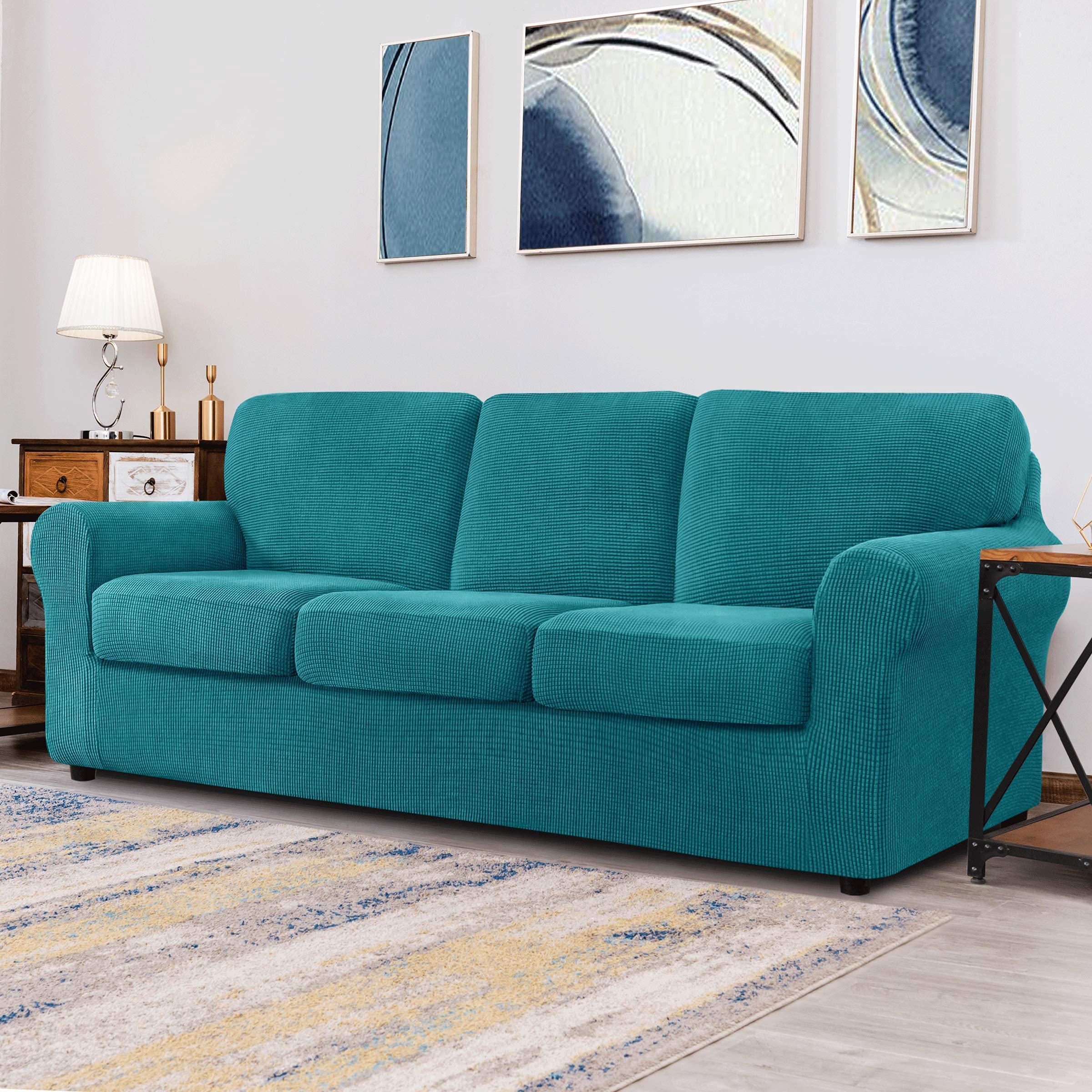 CHUN YI 2-Piece Armchair Sofa Slipcover Set - Large Stretchable Jacquard Couch Cover with Detachable Backrest & Cushion Covers, Teal Checkered Design | Perfect for Living Room Furniture Protection & Home Decor Upgrade