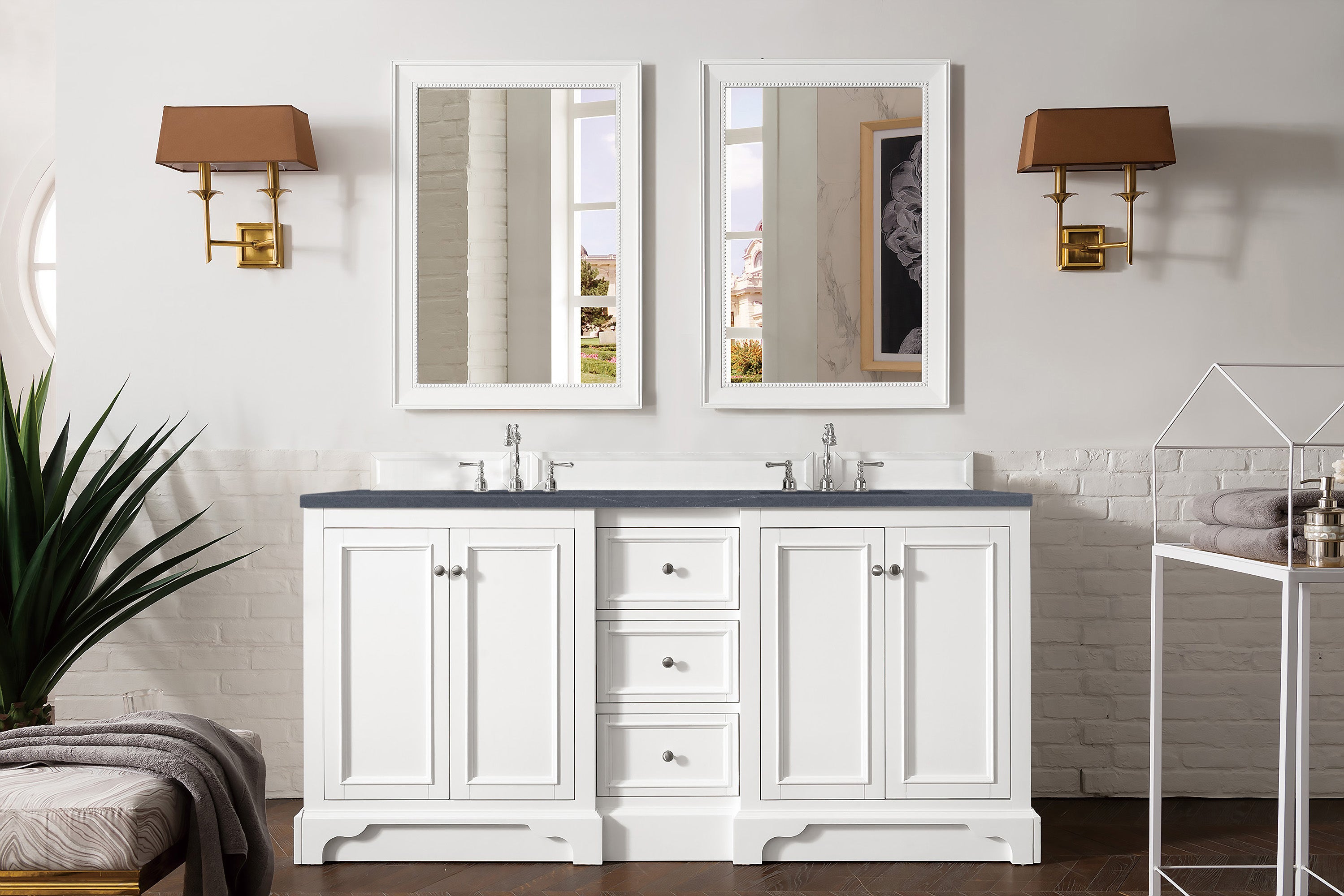 De Soto 72 Inch Double Vanity with Bright White Finish and 3CM Charcoal Soapstone Quartz Top - Perfect for Modern Bathroom Renovations and Master Suite Upgrades