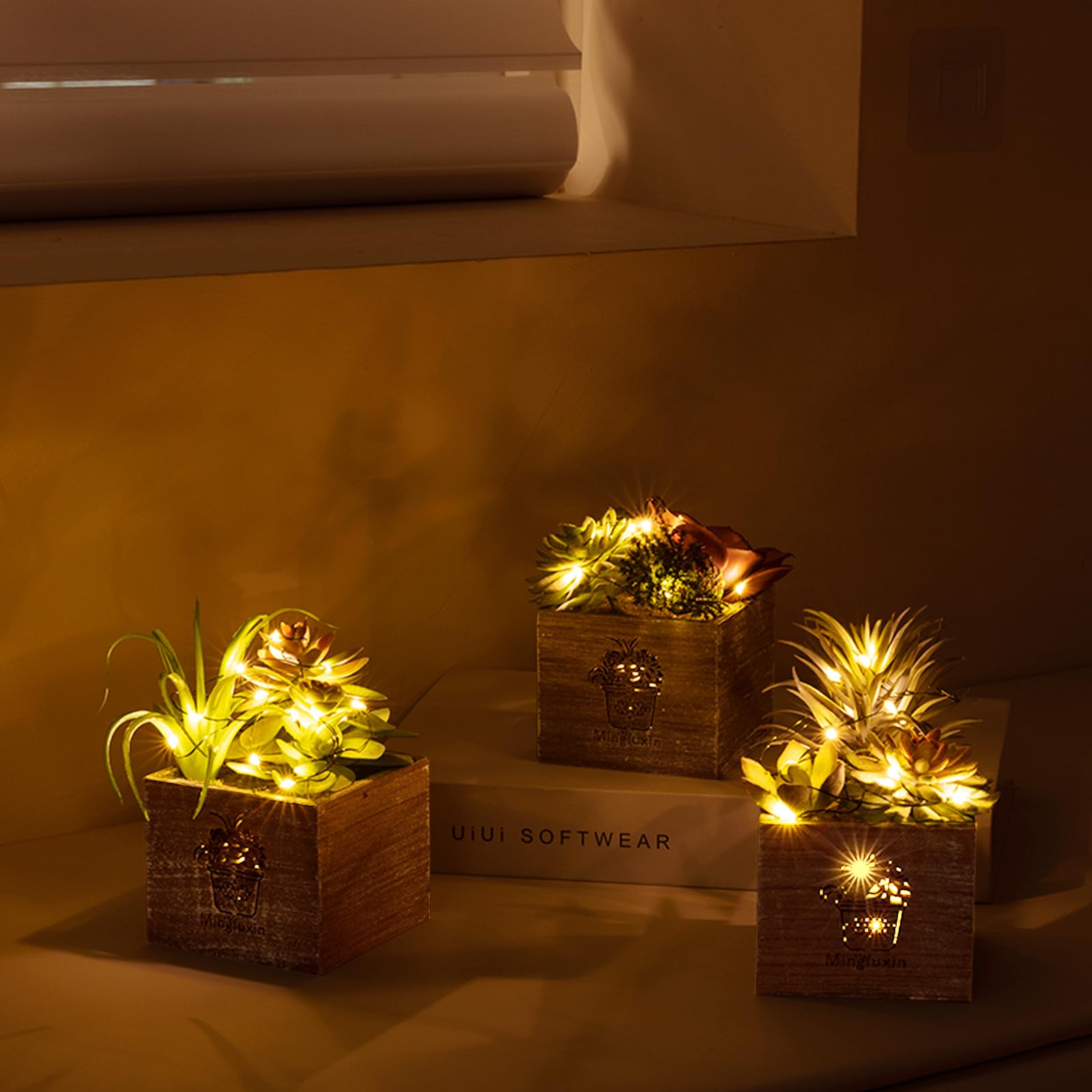 3 Pack Mini Artificial Succulent Plants with LED Lights - Small Fake Plants for Bathroom, Bedroom, Desk & Office Decor - Perfect for Home, Wedding, Party & Gift Giving