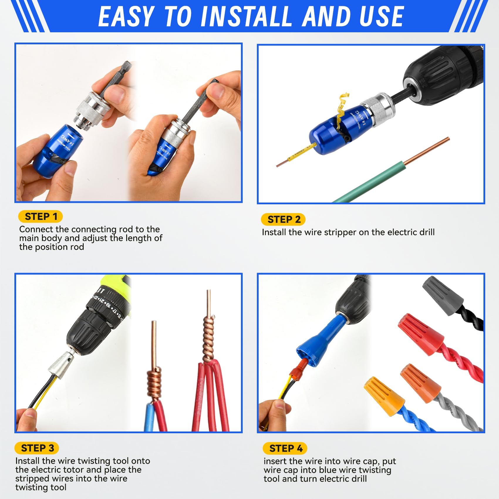 SNEZHANA Electric Wire Stripper for Drill - 14-12-10-8 AWG Wire Twister Tool | Professional Electrician Tool Attachment Set for Electrical Wire Stripping and Twisting | Perfect for Home Wiring, DIY Projects & Electrical Repairs
