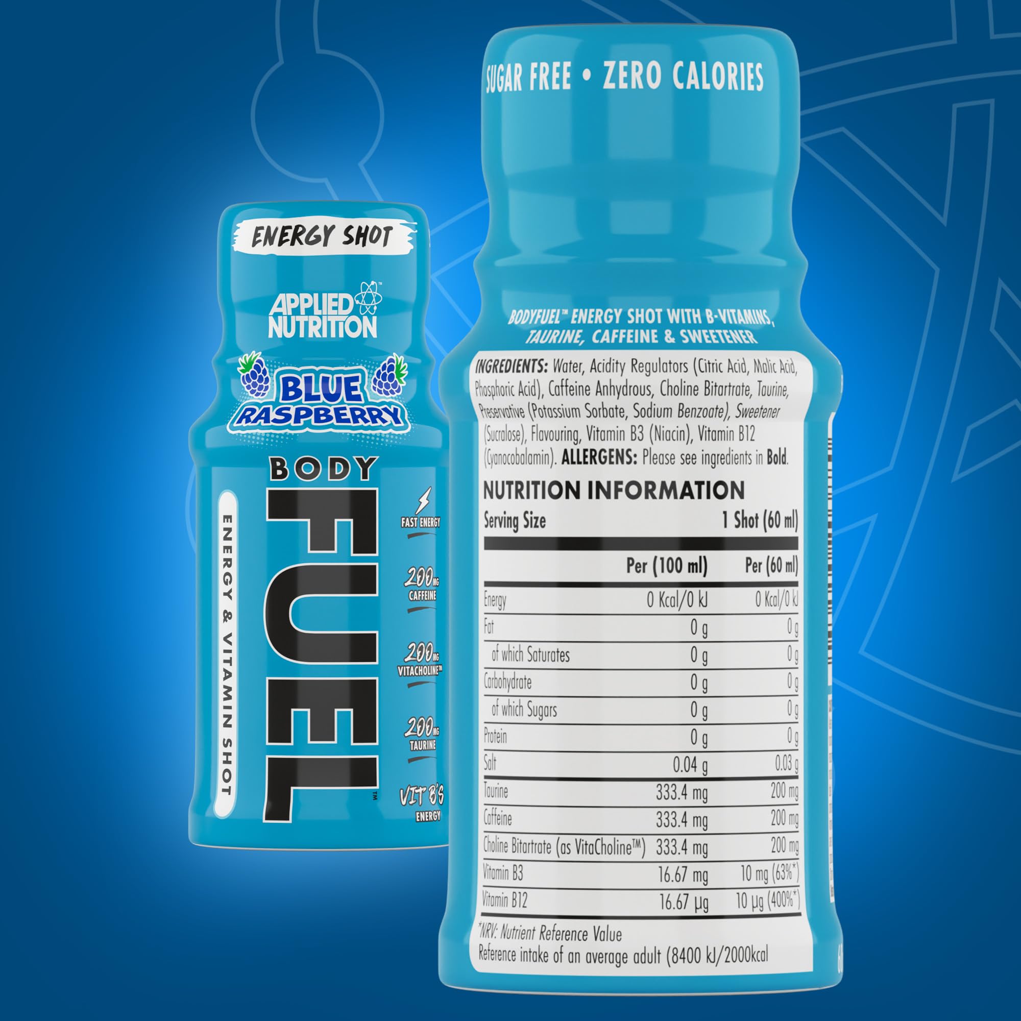 Applied Nutrition Body Fuel Energy Shots - 12 Pack (60ml Each) - Blue Raspberry Flavor - Boost Energy & Focus for Workouts, Study & Long Days